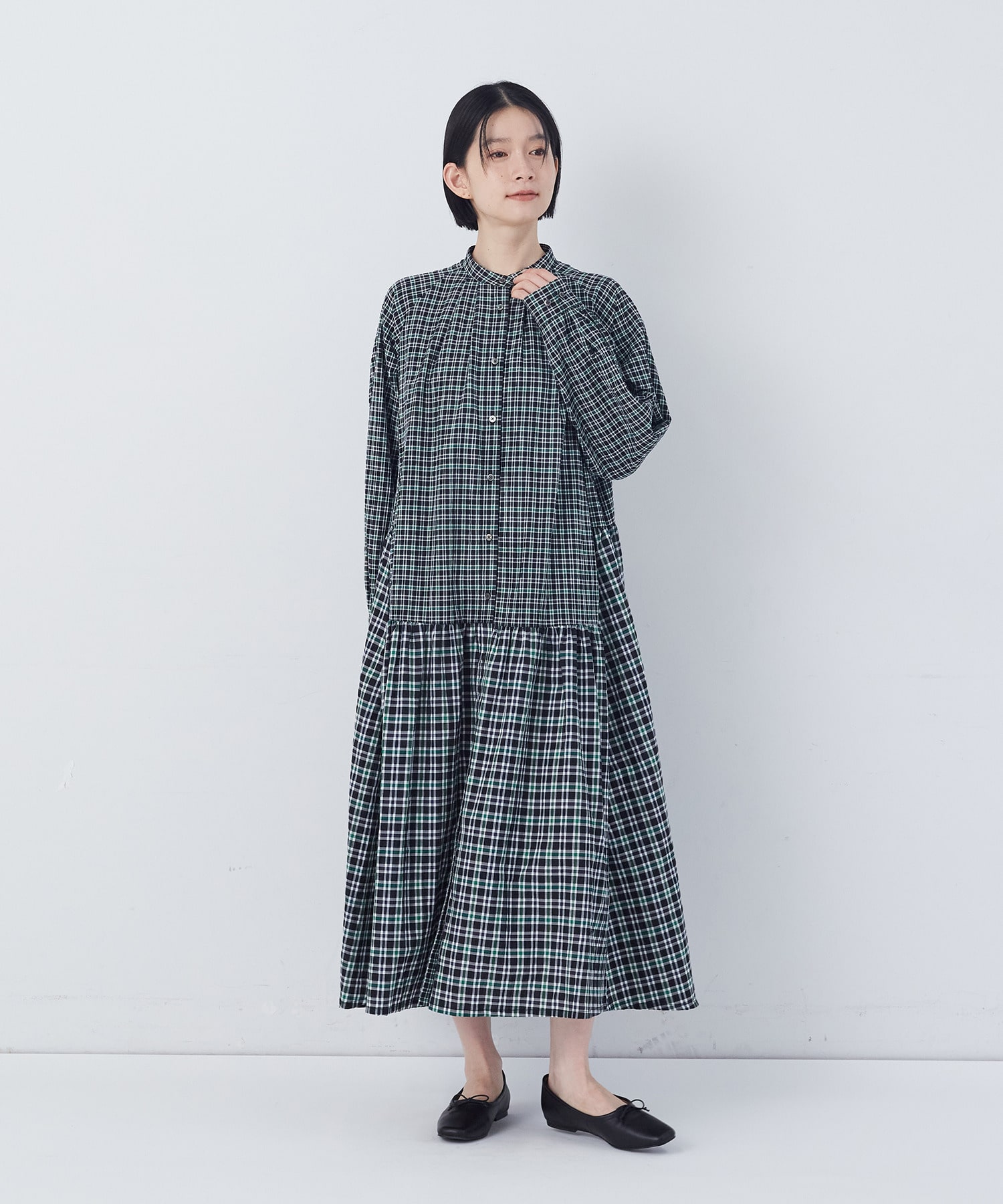 【congés payés】チェックパッチワークワンピース 詳細画像 グリーン系その他 9