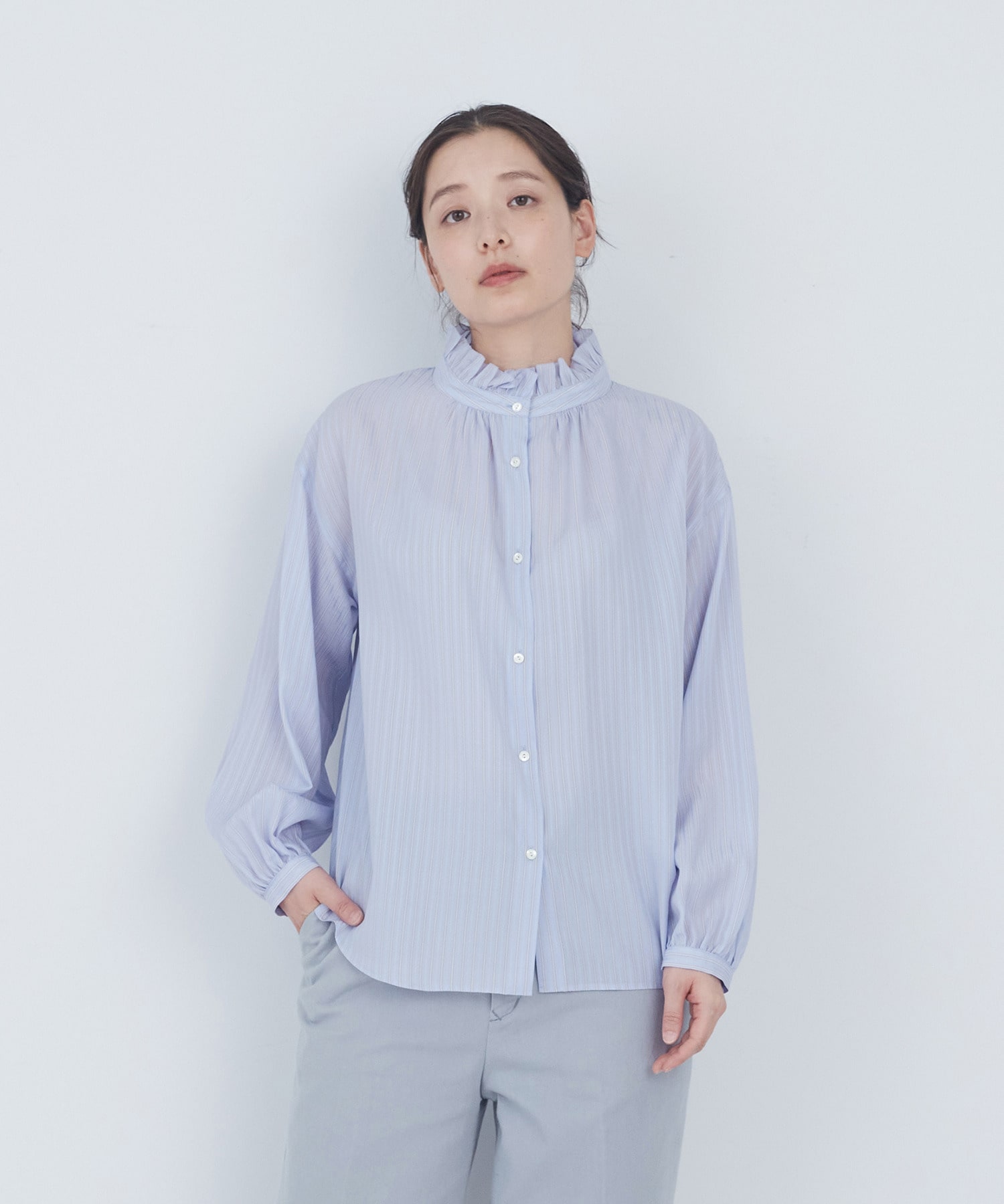 【ADIEU TRISTESSE】ストライプフリルブラウス 詳細画像 ブルー系その他 1