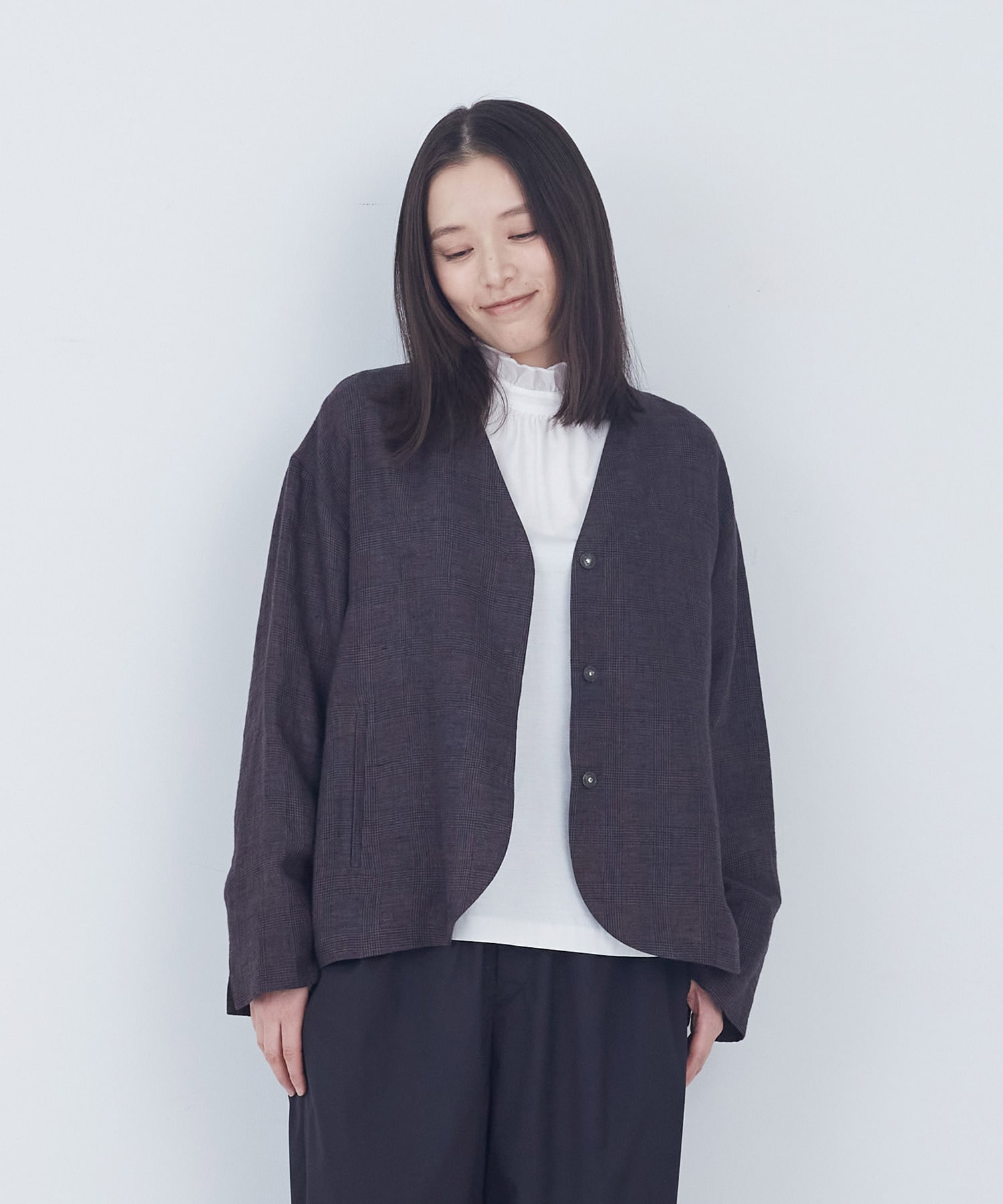 【ADIEU TRISTESSE】リネングレンチェックジャケット 詳細画像 ダークブラウン 1