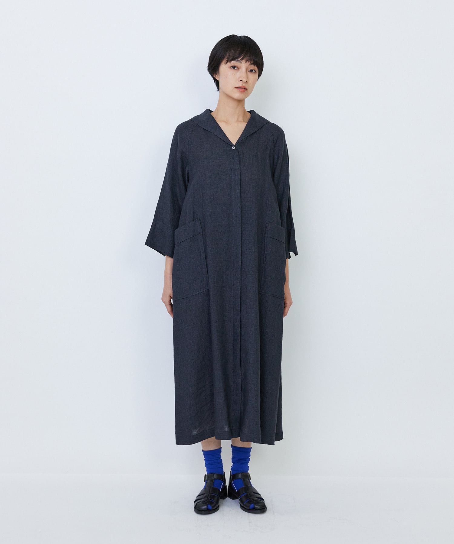 【LOISIR】リネンチェックセーラーカラーワンピース 詳細画像 ブラック系その他 12