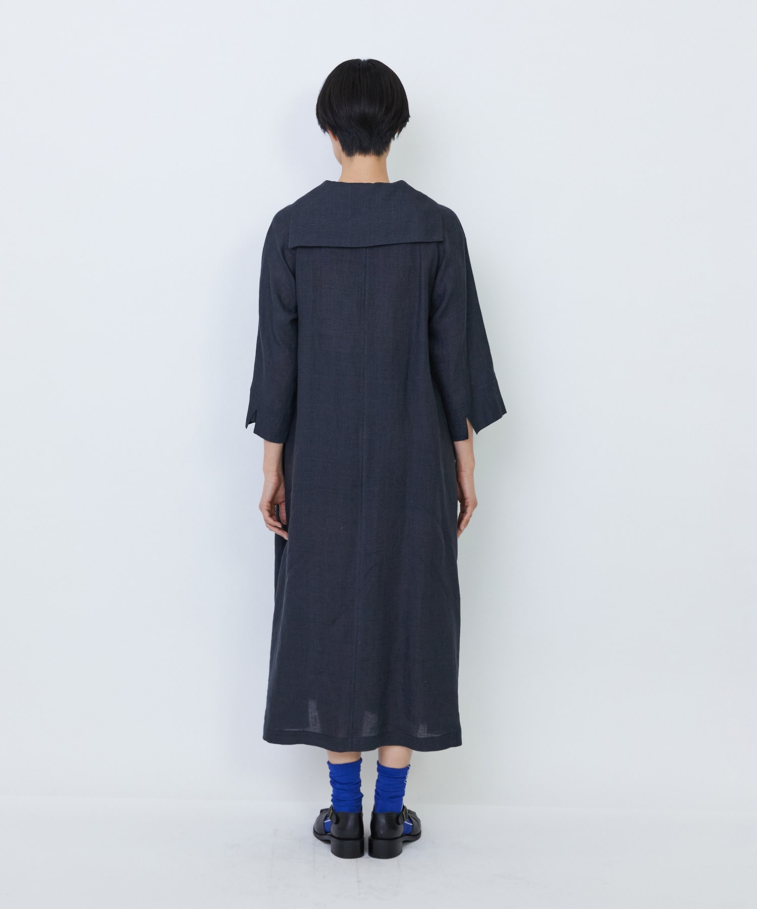 【LOISIR】リネンチェックセーラーカラーワンピース 詳細画像 ブラック系その他 14