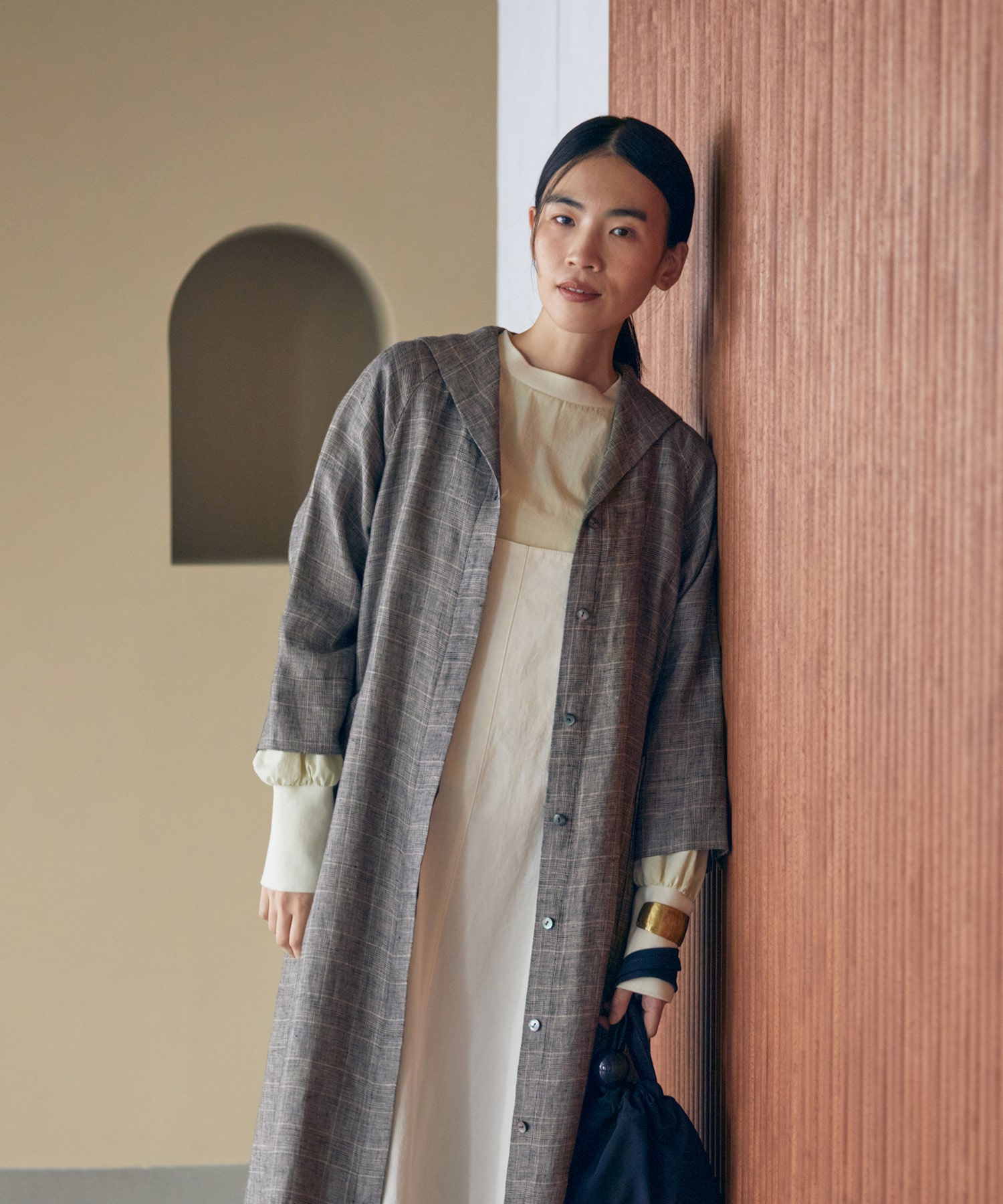 【LOISIR】リネンチェックセーラーカラーワンピース 詳細画像 ブラック系その他 2