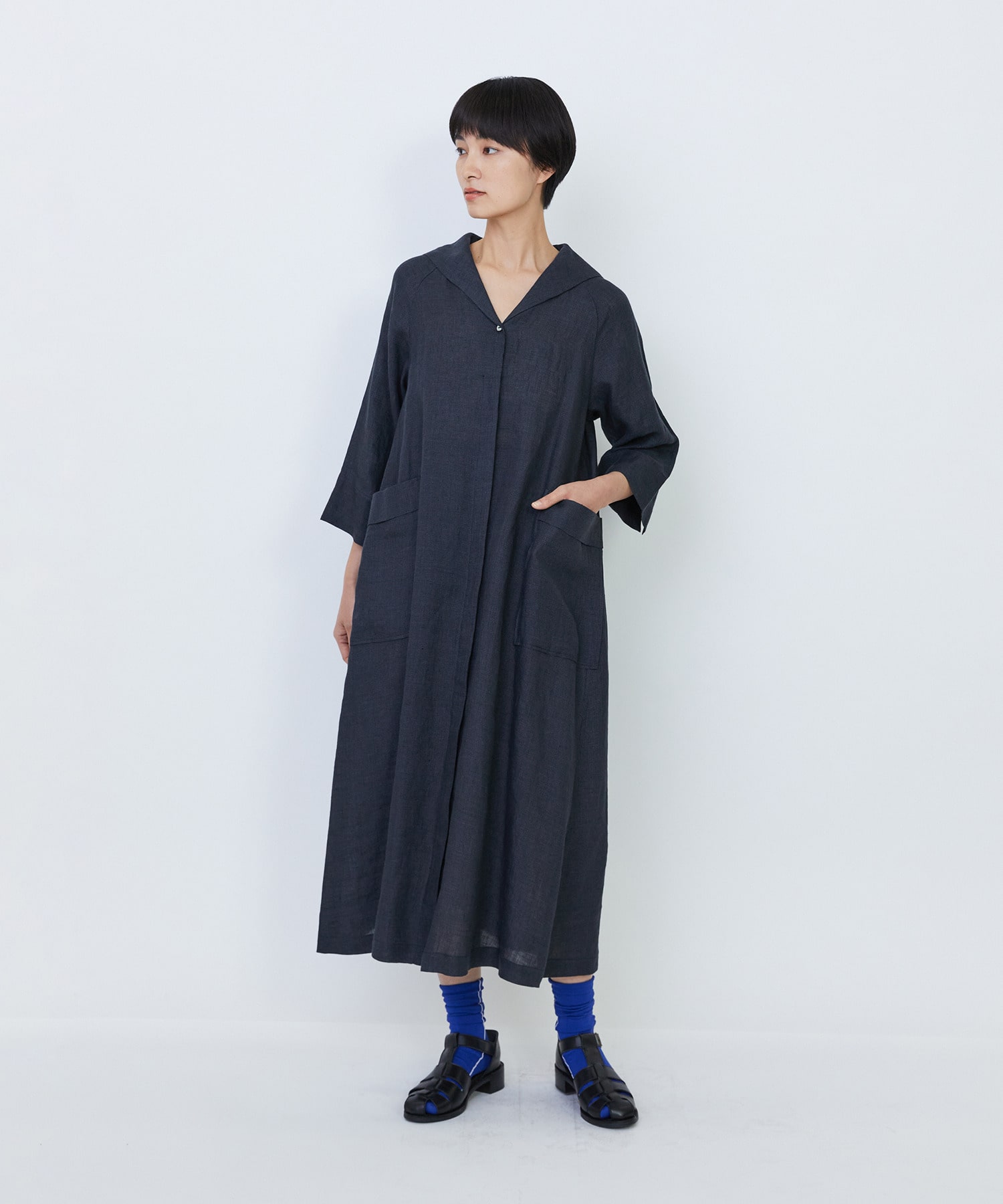 【LOISIR】リネンチェックセーラーカラーワンピース 詳細画像 ブラック系その他 6