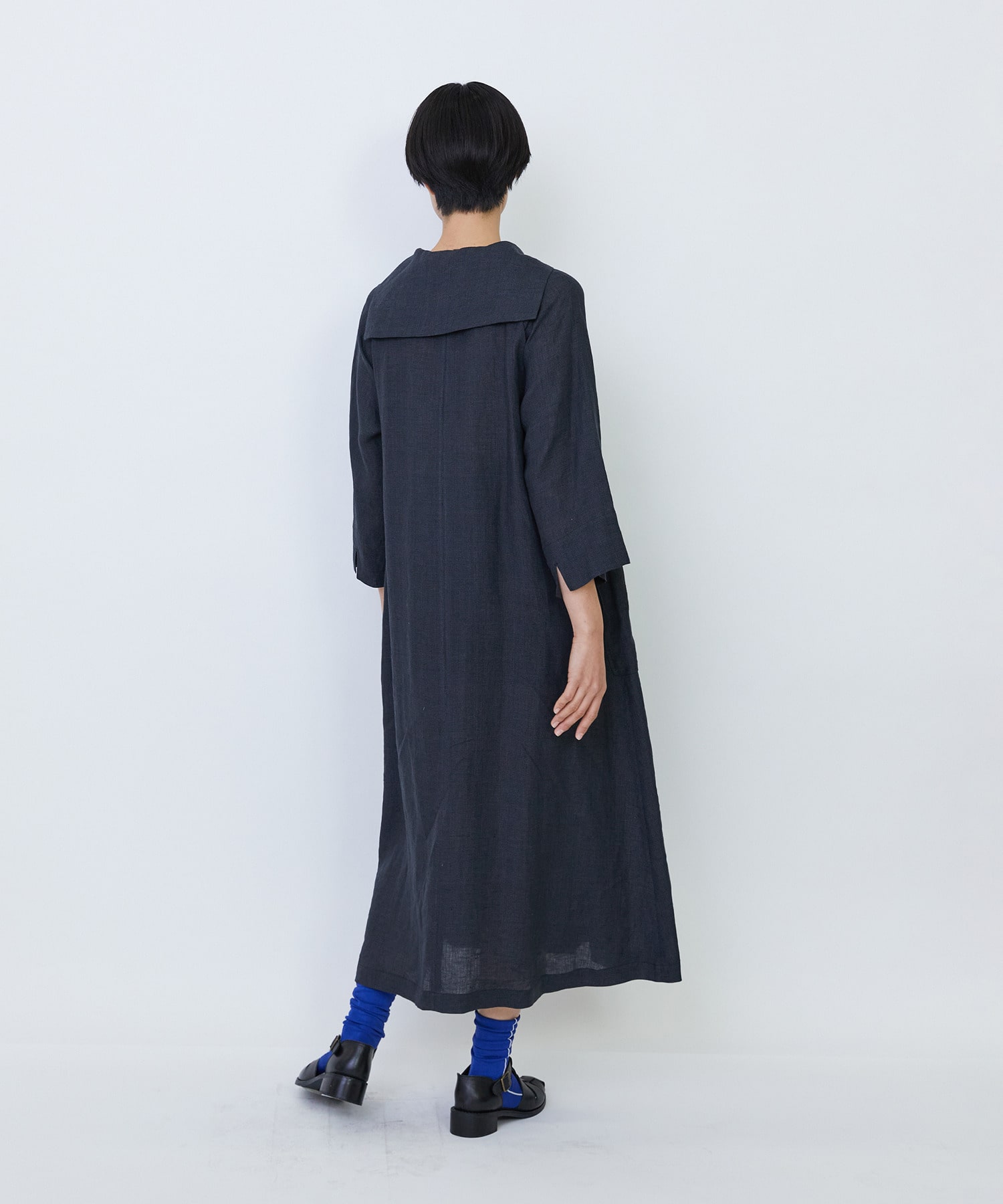 【LOISIR】リネンチェックセーラーカラーワンピース 詳細画像 ブラック系その他 8