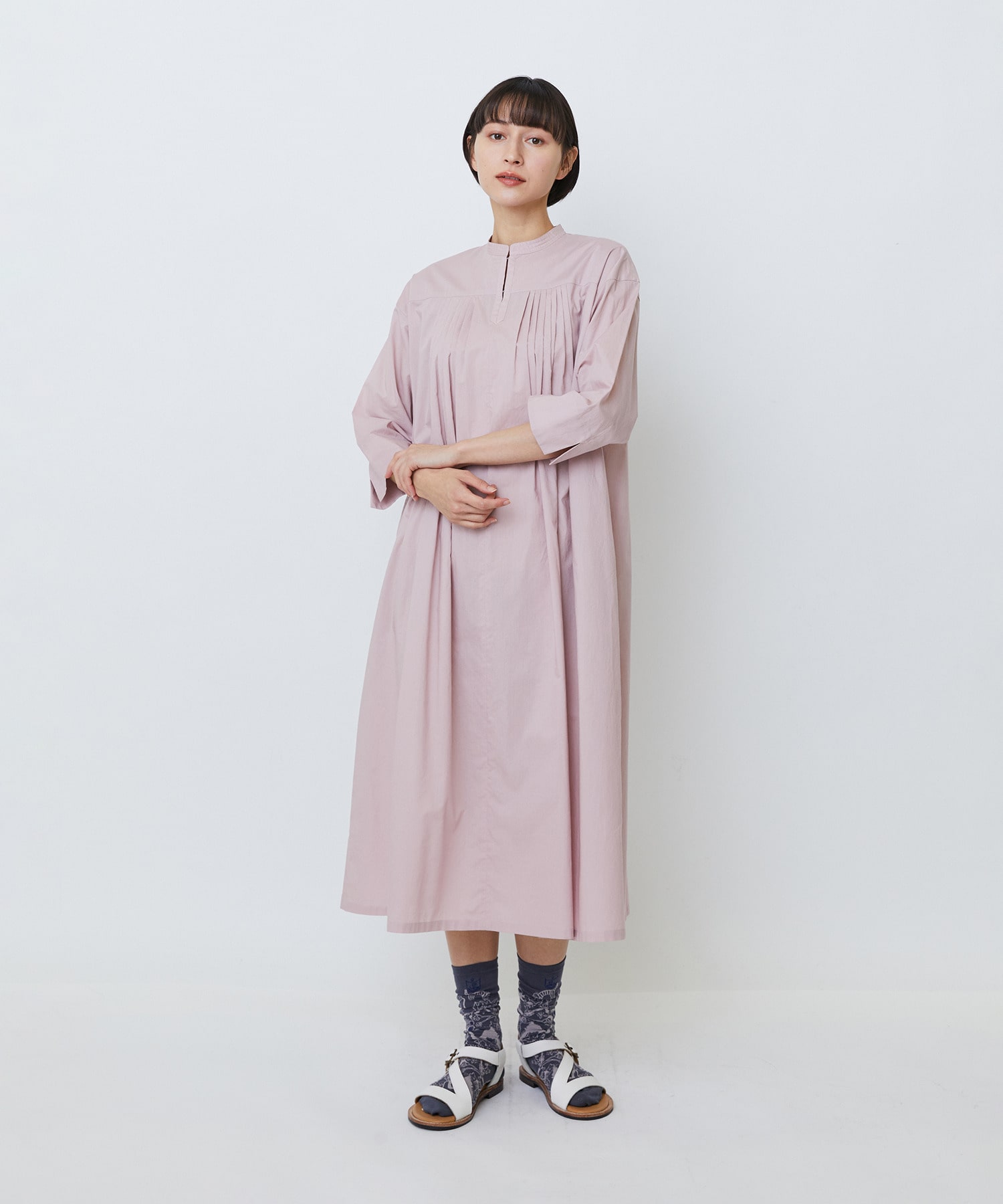 【LOISIR】オーガニックコットンローンスタンドカラーワンピース 詳細画像 ピンク 1