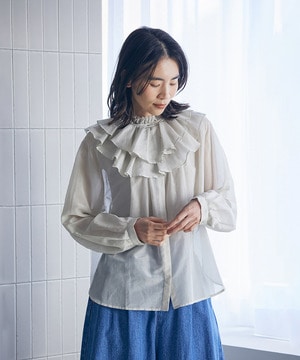 【LOISIR】【付け襟セット】コットンシルクボイルフリルカラーブラウス 詳細画像 ライトグレー 1