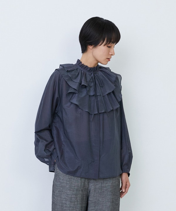 【付け襟セット】コットンシルクボイルフリルカラーブラウス 詳細画像 ネイビー 1