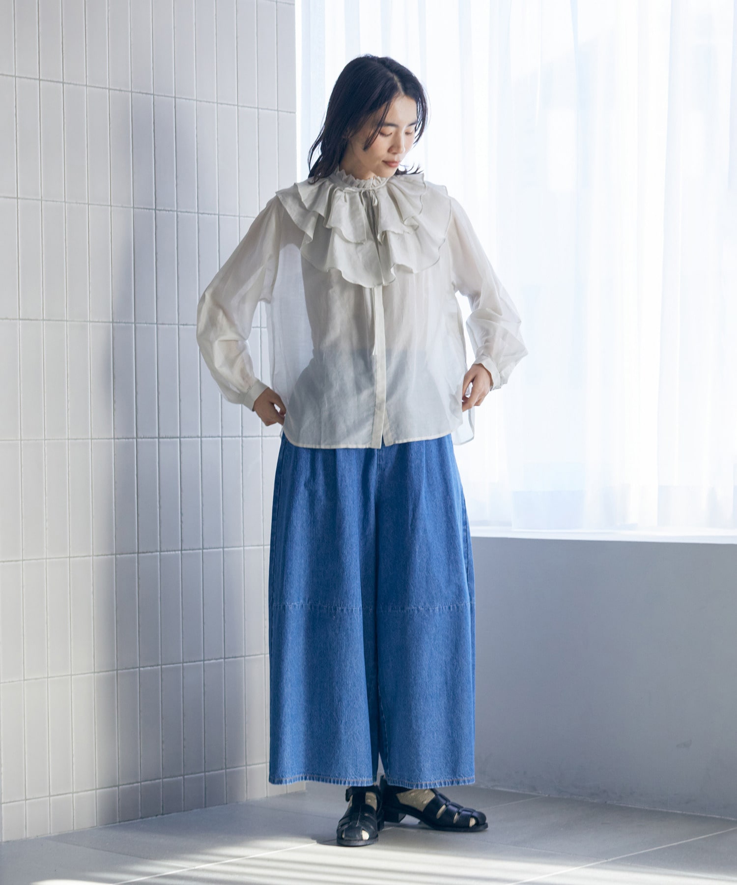 【LOISIR】【付け襟セット】コットンシルクボイルフリルカラーブラウス 詳細画像 ネイビー 1