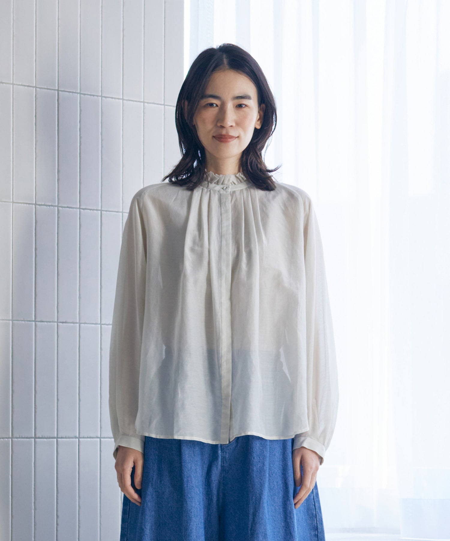 【LOISIR】【付け襟セット】コットンシルクボイルフリルカラーブラウス 詳細画像 ネイビー 10