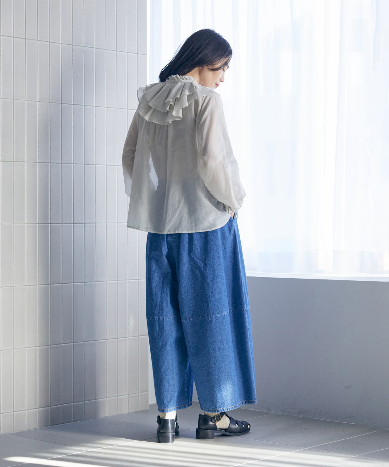 【LOISIR】【付け襟セット】コットンシルクボイルフリルカラーブラウス 詳細画像 ネイビー 2