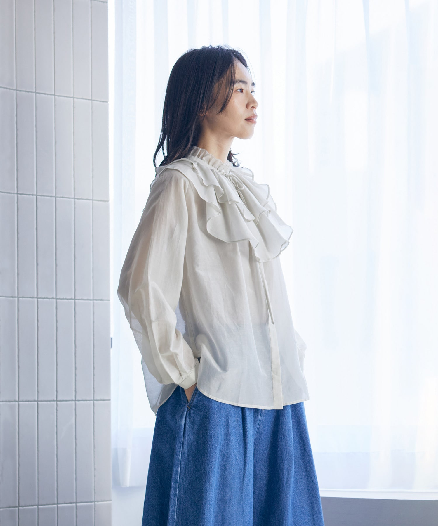 【LOISIR】【付け襟セット】コットンシルクボイルフリルカラーブラウス 詳細画像 ネイビー 3