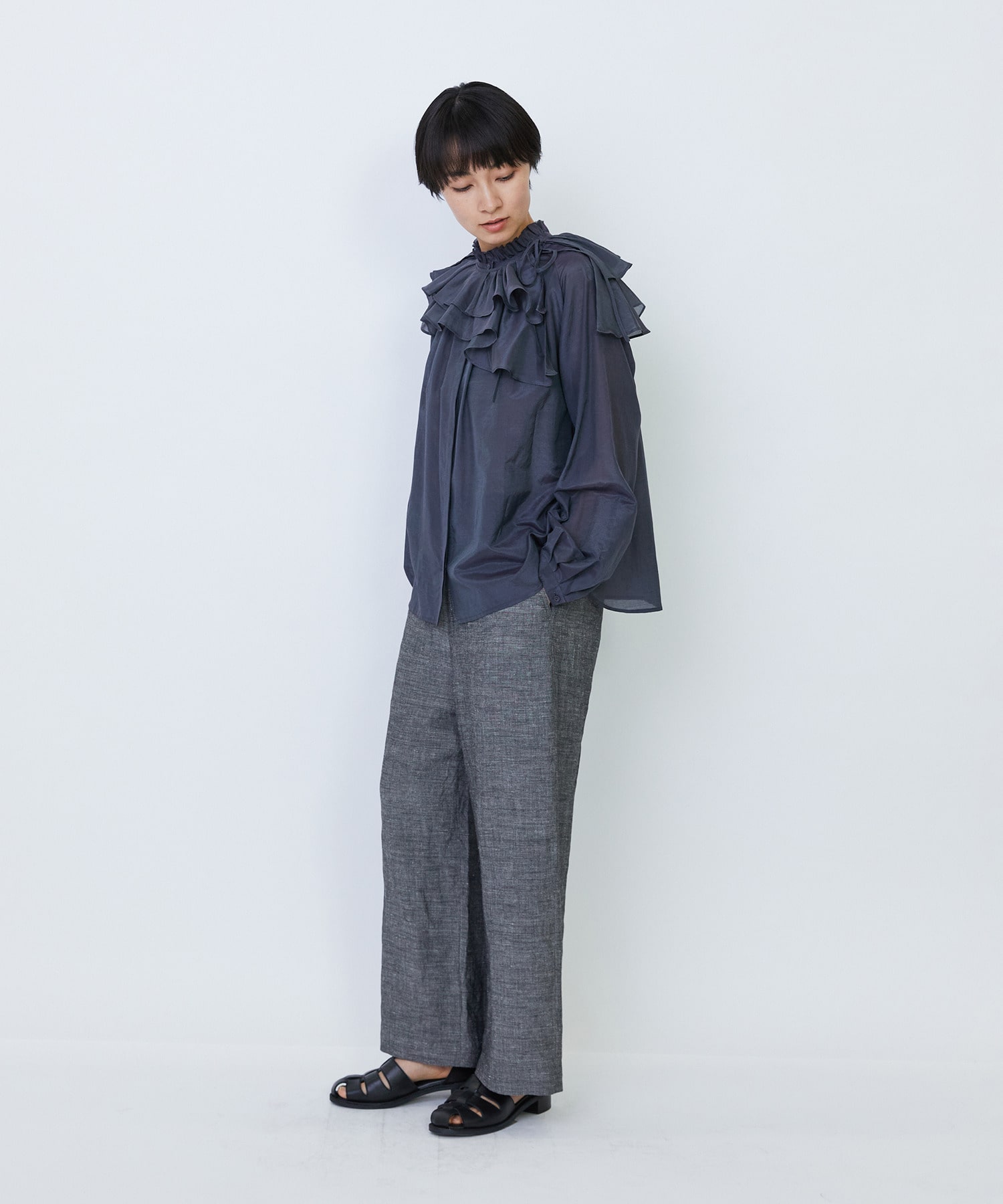 【LOISIR】【付け襟セット】コットンシルクボイルフリルカラーブラウス 詳細画像 ネイビー 6