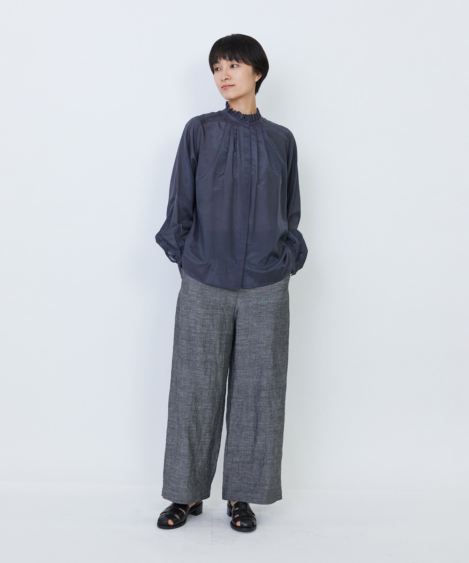 【LOISIR】【付け襟セット】コットンシルクボイルフリルカラーブラウス 詳細画像 ネイビー 7