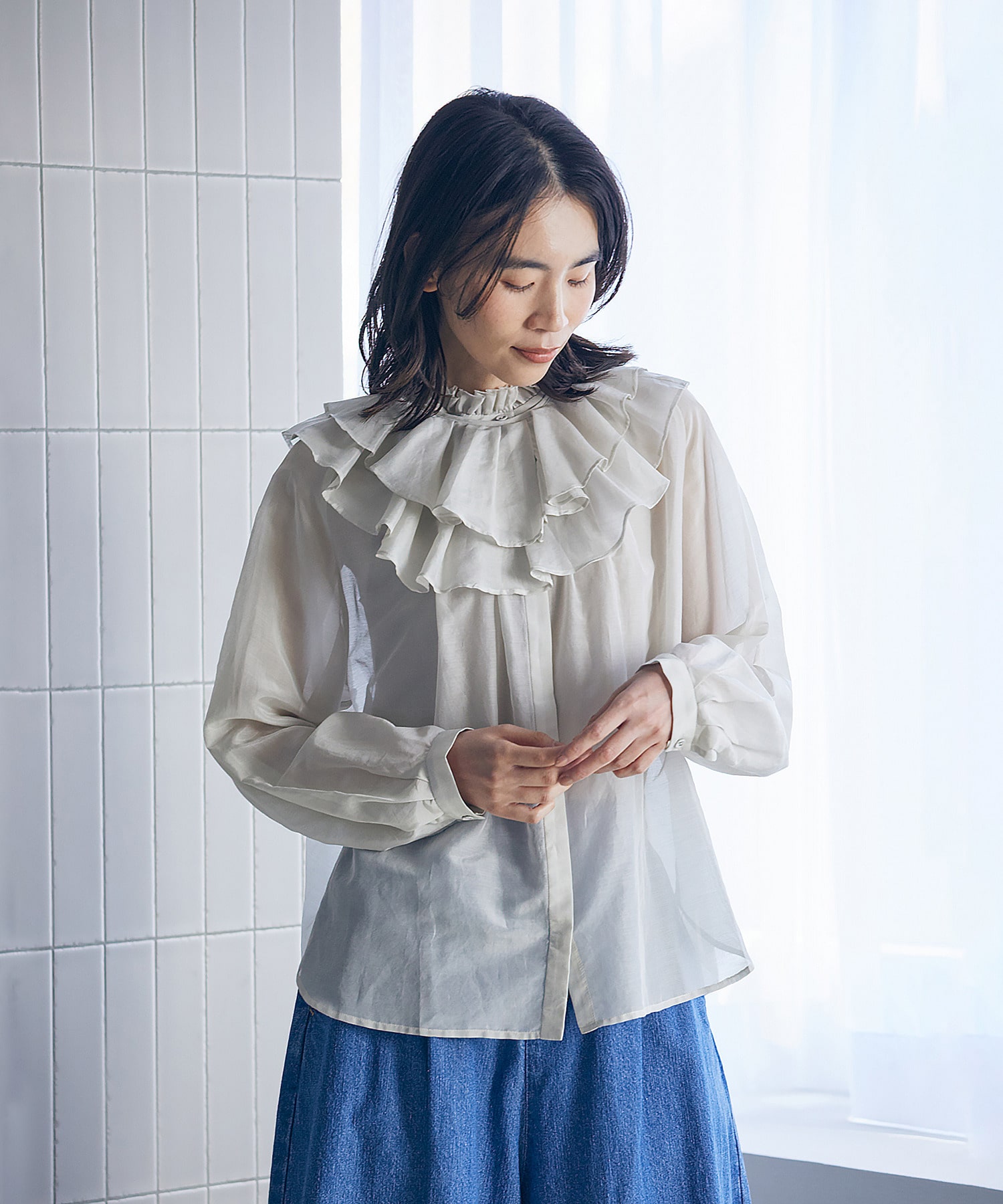 【LOISIR】【付け襟セット】コットンシルクボイルフリルカラーブラウス 詳細画像 ライトグレー 1
