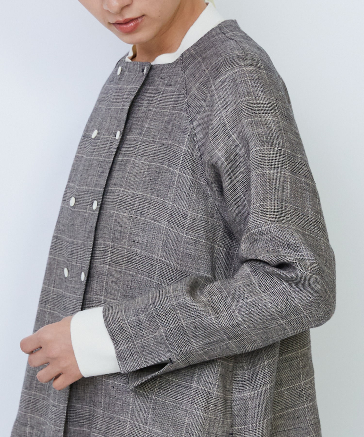【LOISIR】リネンチェックスクエアネックジャケット 詳細画像 ブラック系その他 12