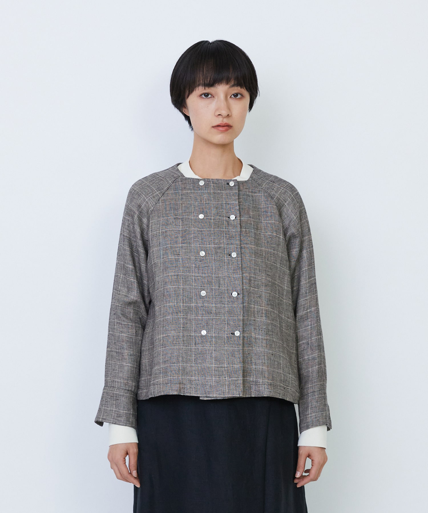【LOISIR】リネンチェックスクエアネックジャケット 詳細画像 ブラック系その他 7