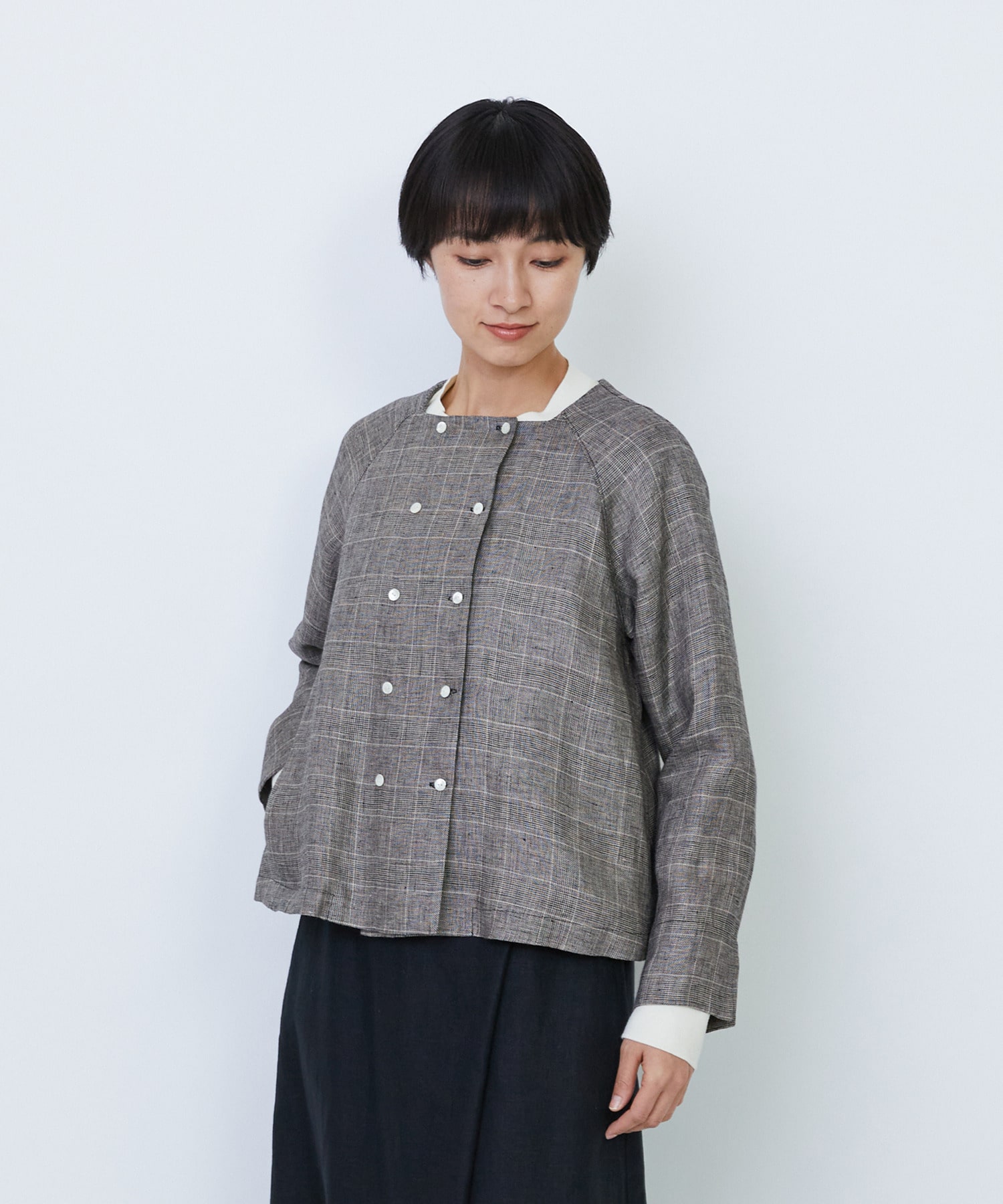 【LOISIR】リネンチェックスクエアネックジャケット 詳細画像 チェック 1