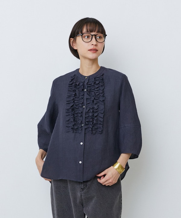 グランジリネンフリルディテールブラウス 詳細画像 ネイビー 1