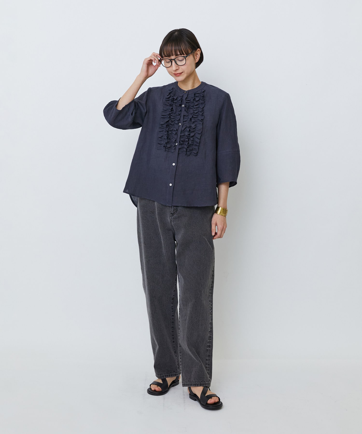 【LOISIR】グランジリネンフリルディテールブラウス 詳細画像 ネイビー 11
