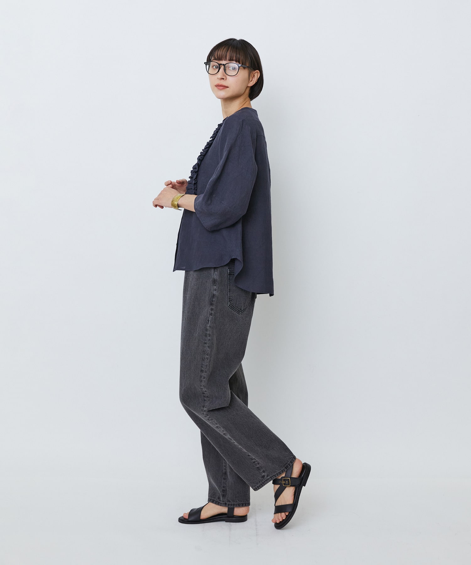 【LOISIR】グランジリネンフリルディテールブラウス 詳細画像 ネイビー 12