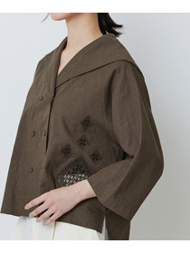 【LOISIR】コットンリネンクロス刺繍入りセーラーカラーブラウス 詳細画像 ブラック 16