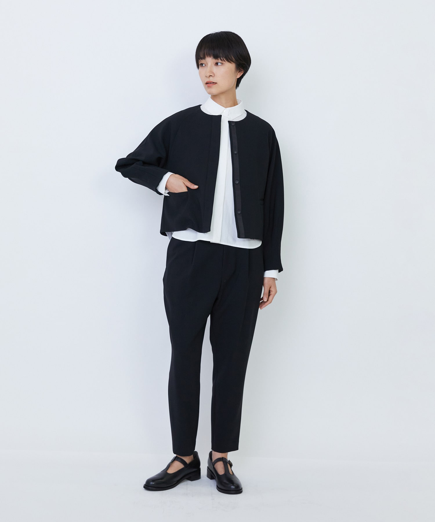 【LOISIR】エコダブルクロスノーカラージャケット 詳細画像 ブラック 1