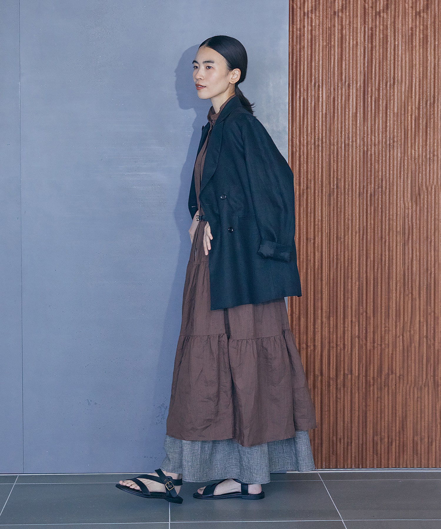 【LOISIR】【セットアップ対応】リネンツイルダブルブレストジャケット 詳細画像 ブラック 2