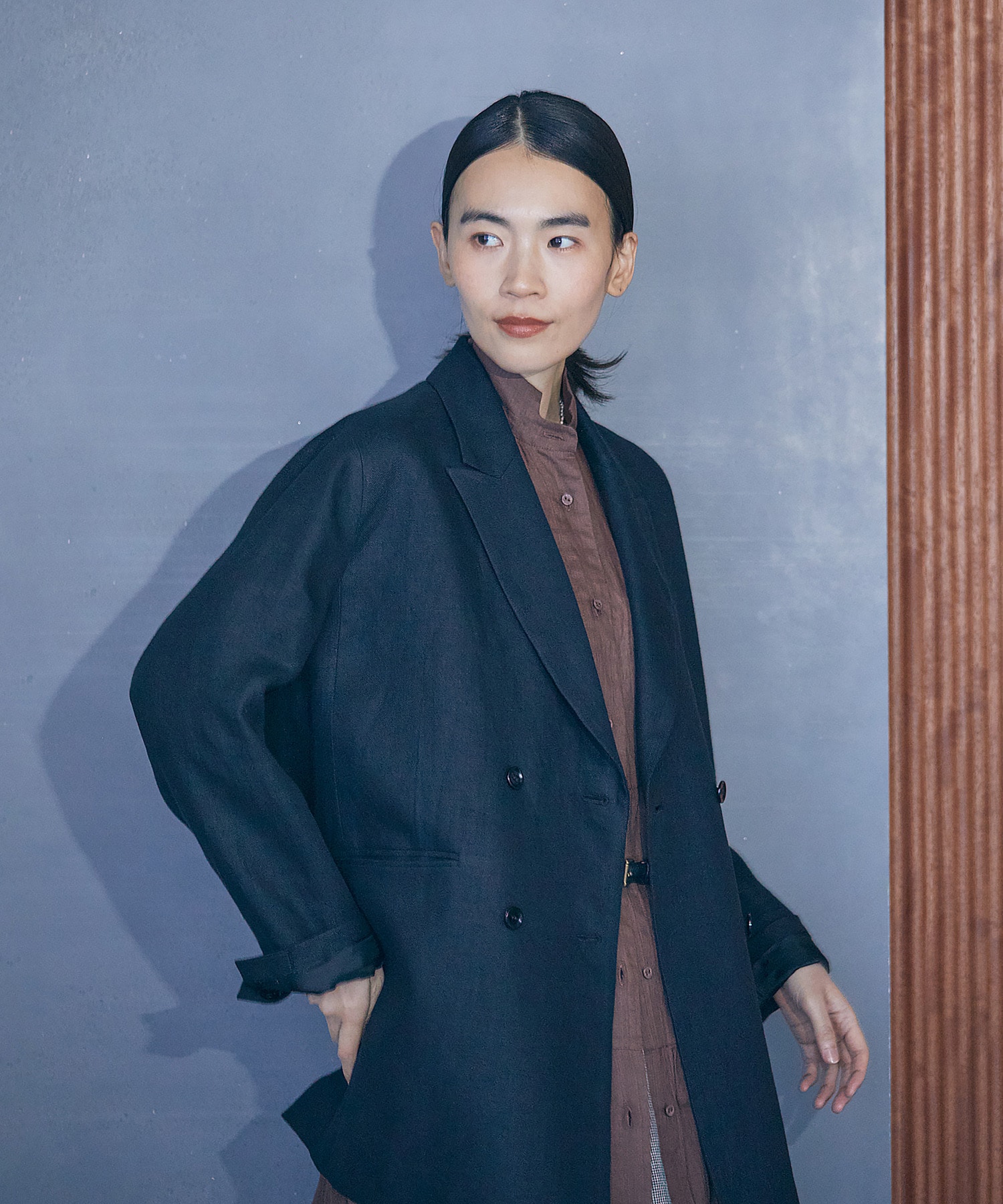 【LOISIR】【セットアップ対応】リネンツイルダブルブレストジャケット 詳細画像 ブラック 3