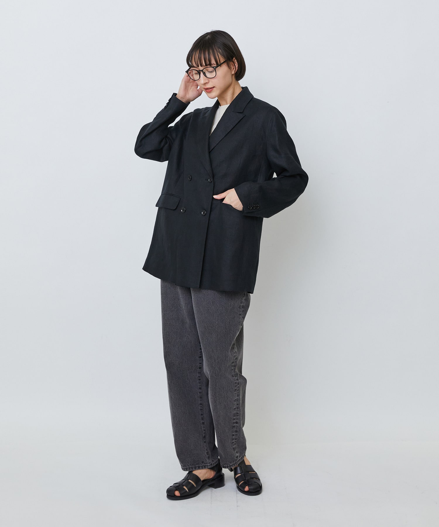 【LOISIR】【セットアップ対応】リネンツイルダブルブレストジャケット 詳細画像 ブラック 4