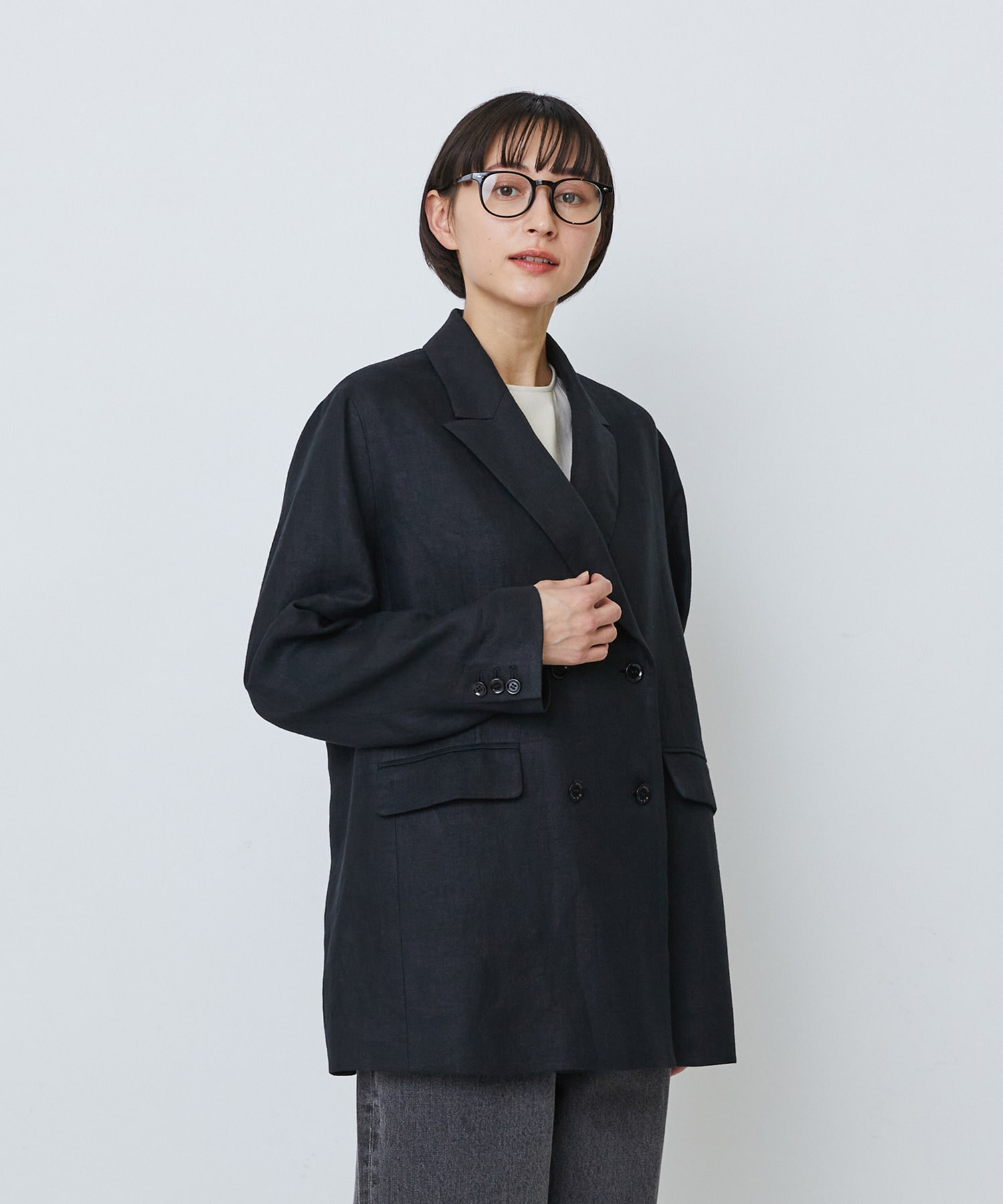 【LOISIR】【セットアップ対応】リネンツイルダブルブレストジャケット 詳細画像 ブラック 1