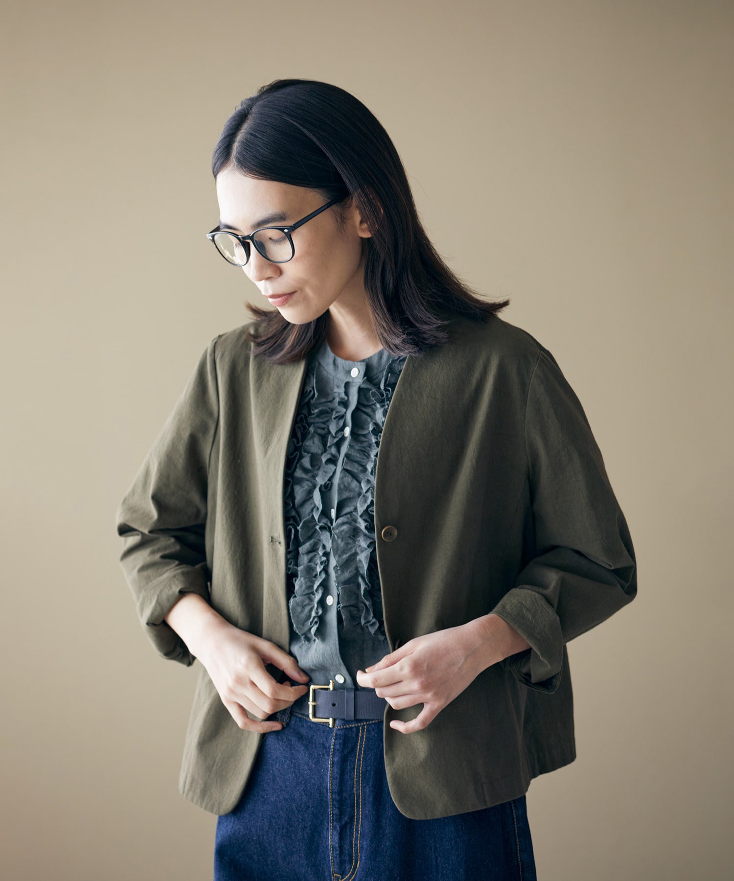 【LOISIR】グランジコットンポプリンノーカラージャケット 詳細画像 ブラウン 1