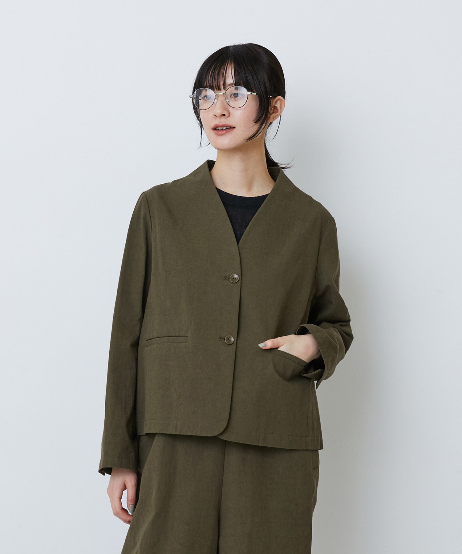 【LOISIR】グランジコットンポプリンノーカラージャケット 詳細画像 ブラウン 1