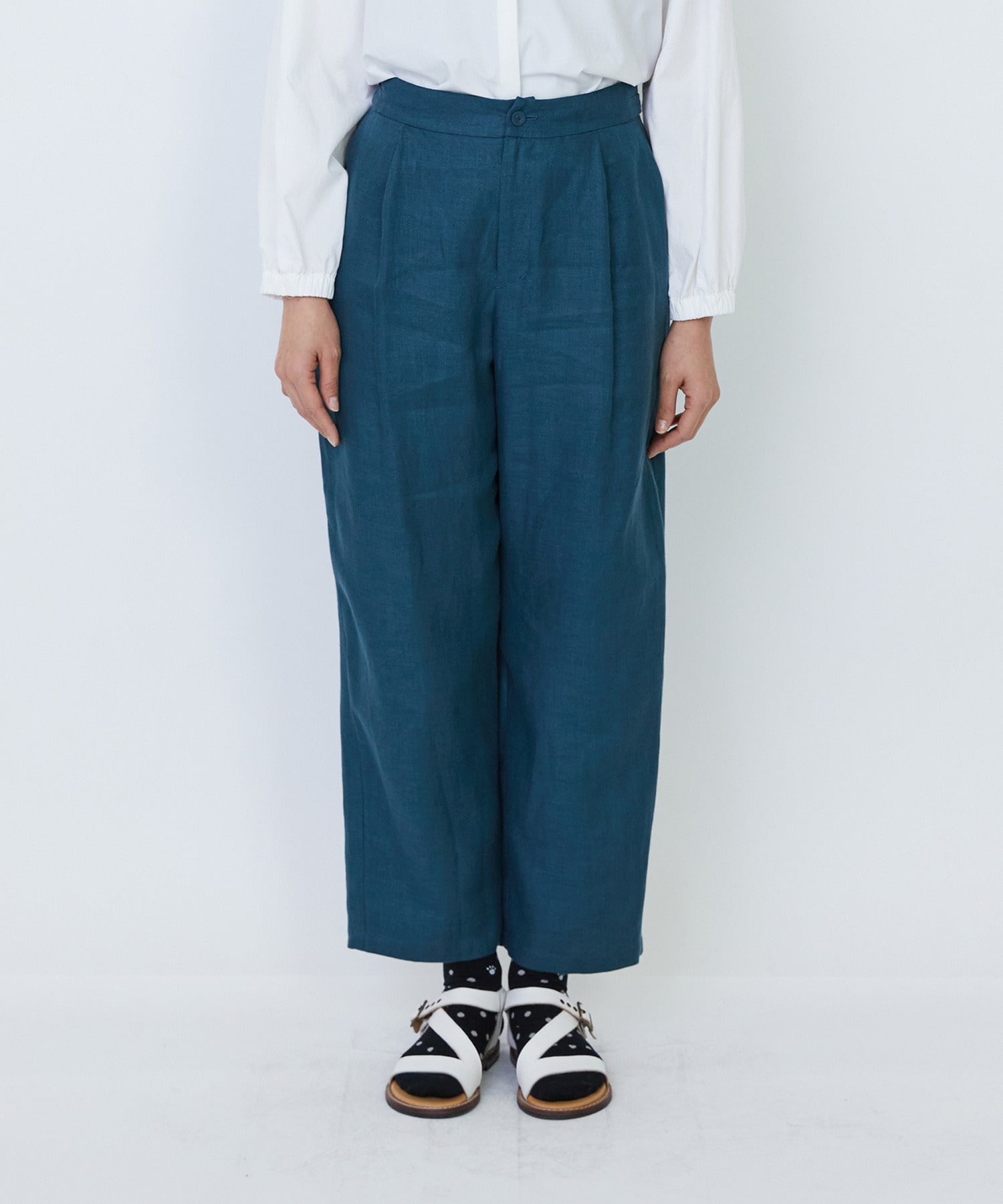 【LOISIR】リネンツイルアジャスター付きテーパードパンツ 詳細画像 グリーン 14