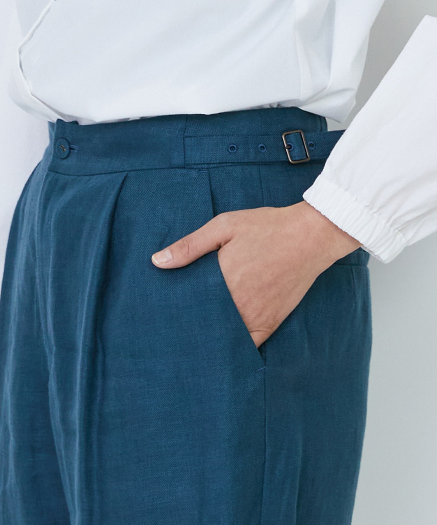 【LOISIR】リネンツイルアジャスター付きテーパードパンツ 詳細画像 グリーン 19