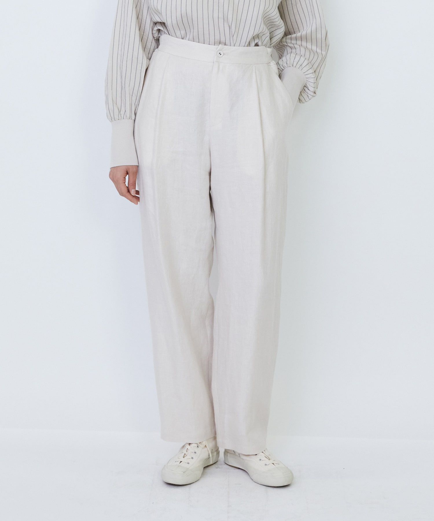 【LOISIR】リネンツイルアジャスター付きテーパードパンツ 詳細画像 ベージュ 1
