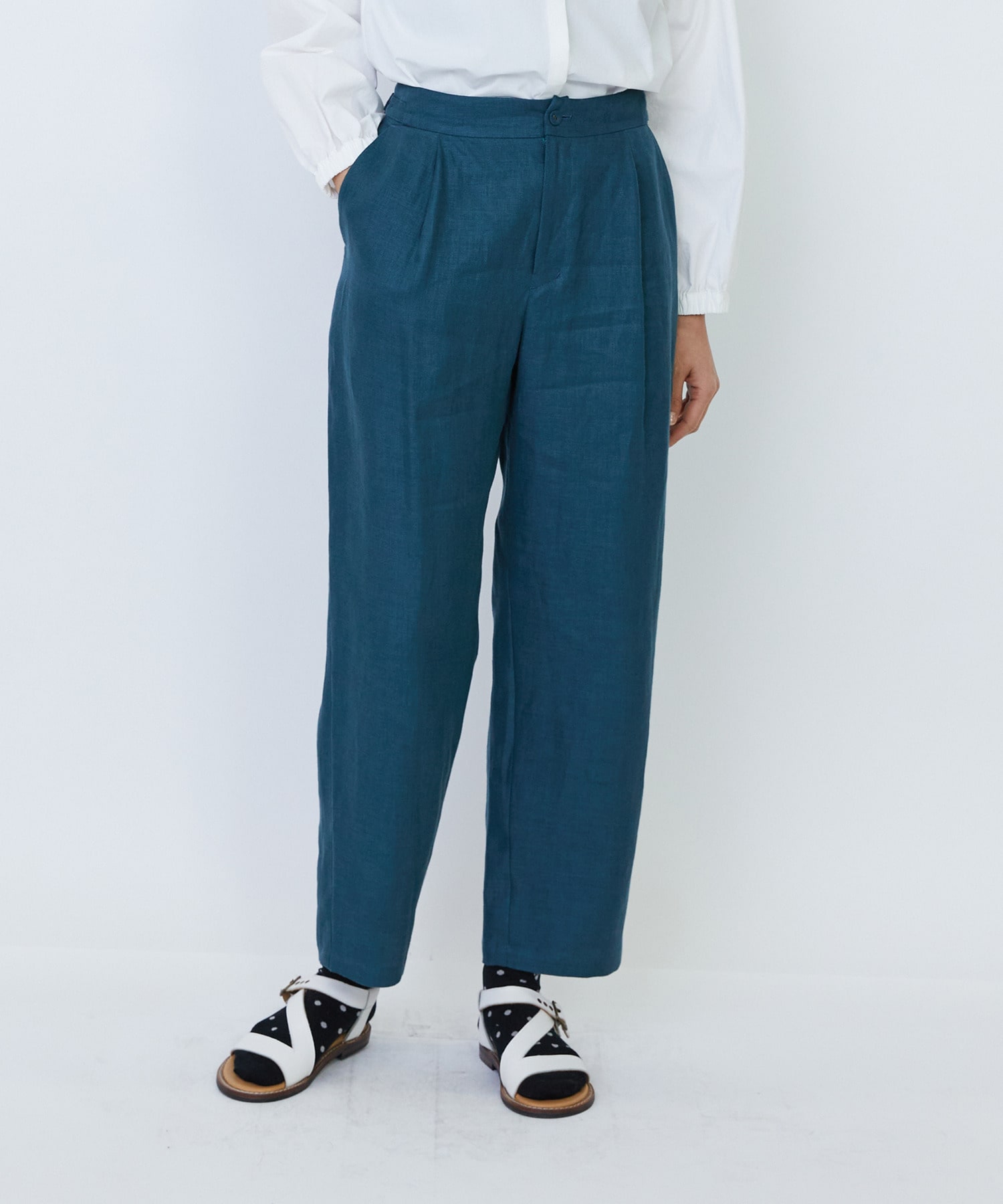 【LOISIR】リネンツイルアジャスター付きテーパードパンツ 詳細画像 グリーン 1