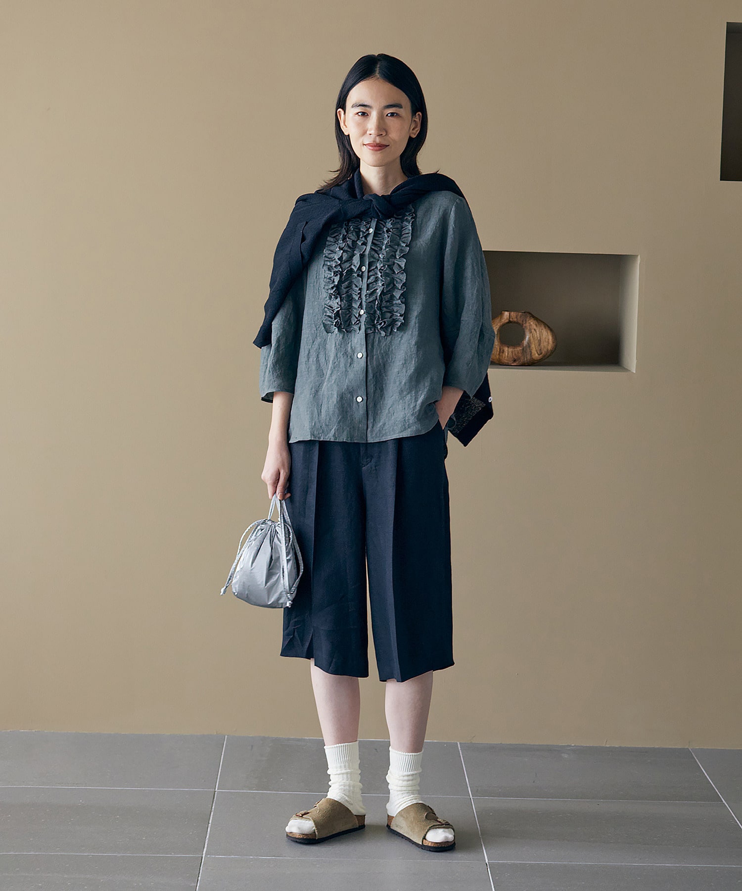 【LOISIR】【セットアップ対応】リネンツイルハーフパンツ 詳細画像 ブラック 1