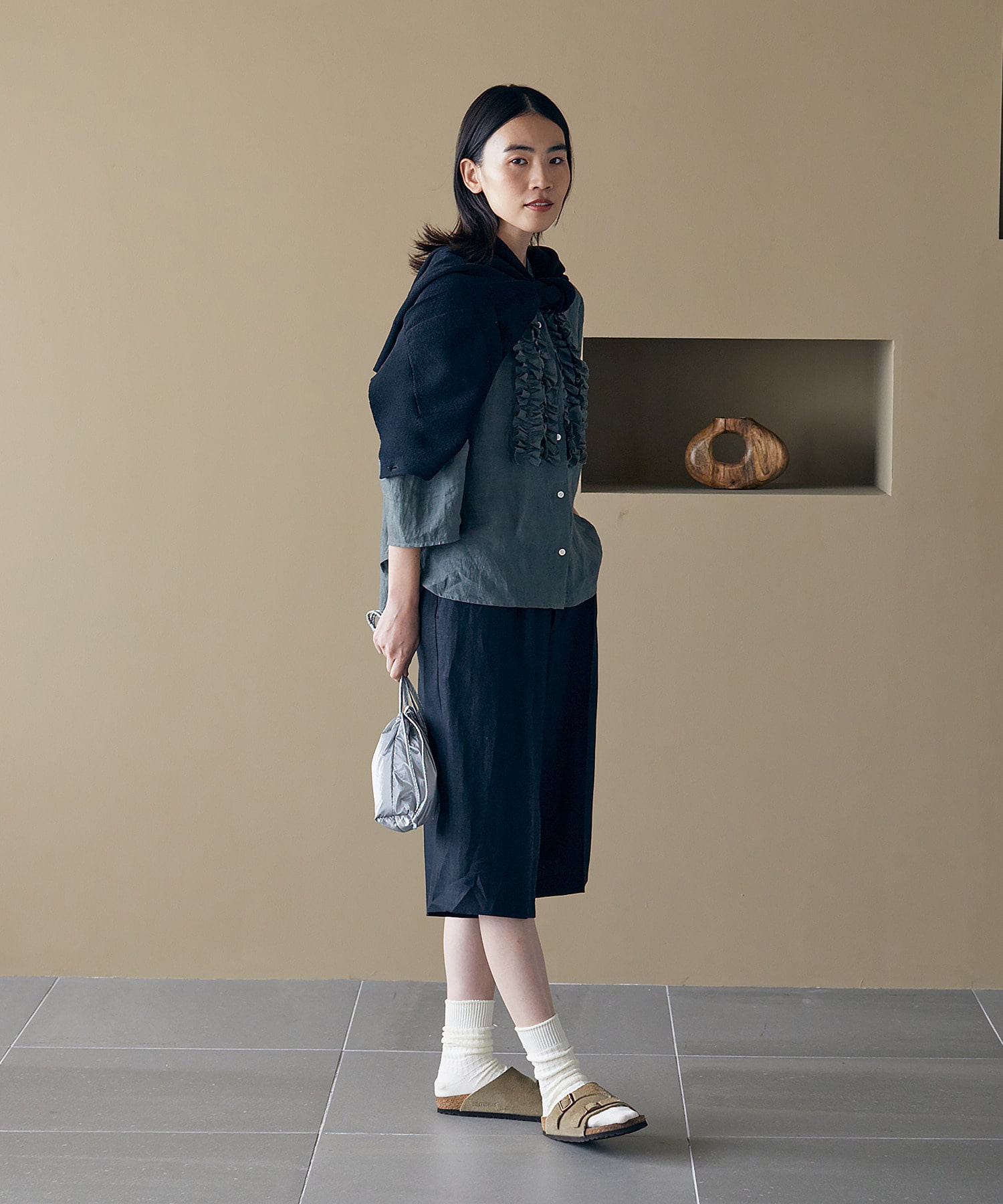 【LOISIR】【セットアップ対応】リネンツイルハーフパンツ 詳細画像 ブラック 2