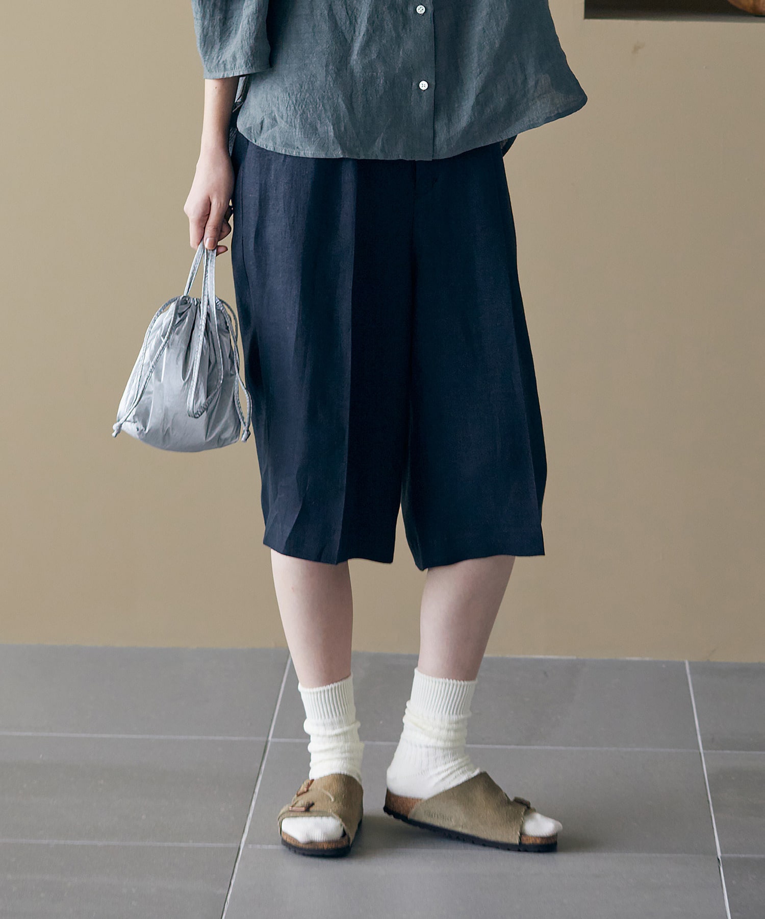 【LOISIR】【セットアップ対応】リネンツイルハーフパンツ 詳細画像 ブラック 1