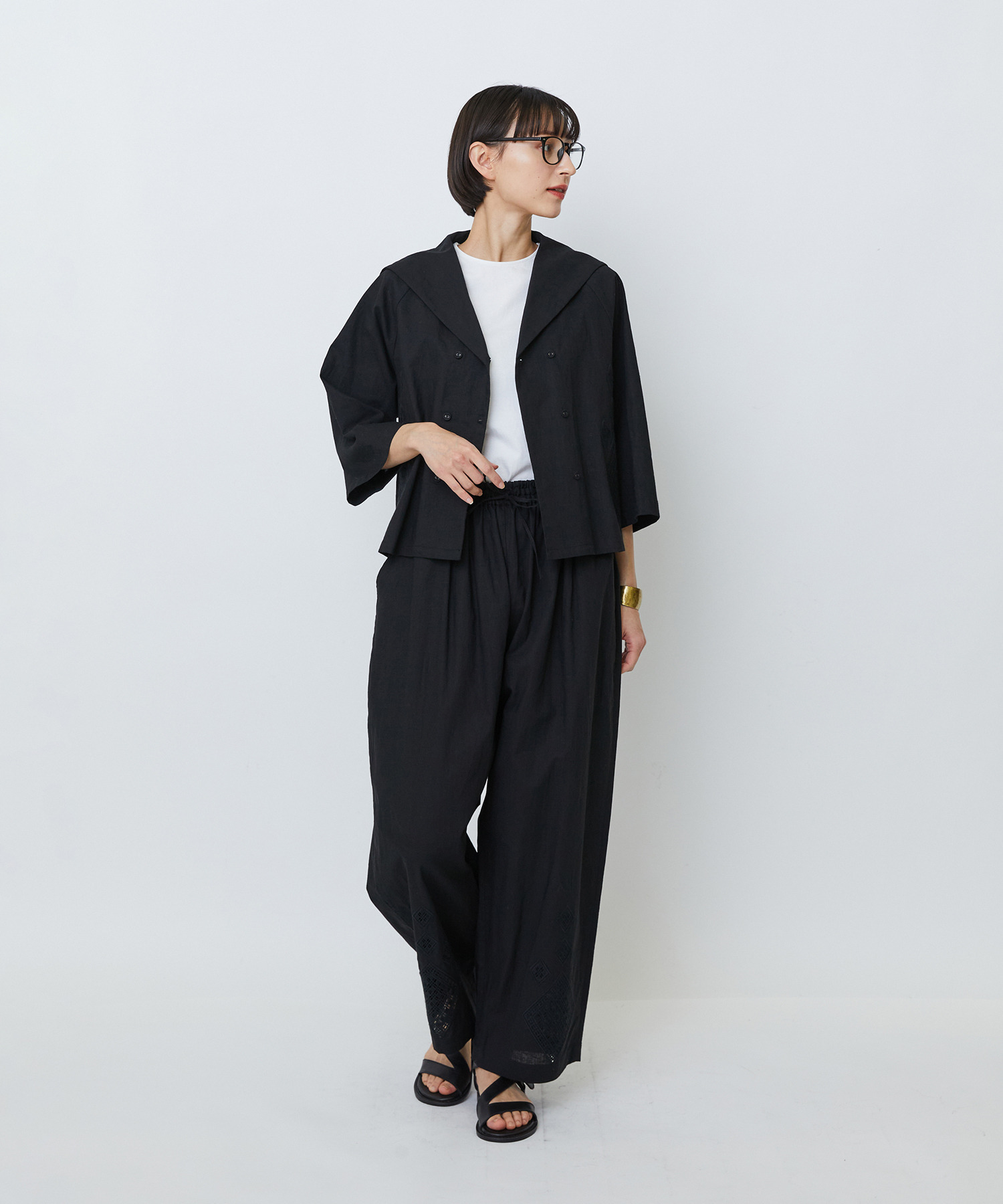 【LOISIR】コットンリネンクロス刺繍入りイージーパンツ 詳細画像 カーキ 8