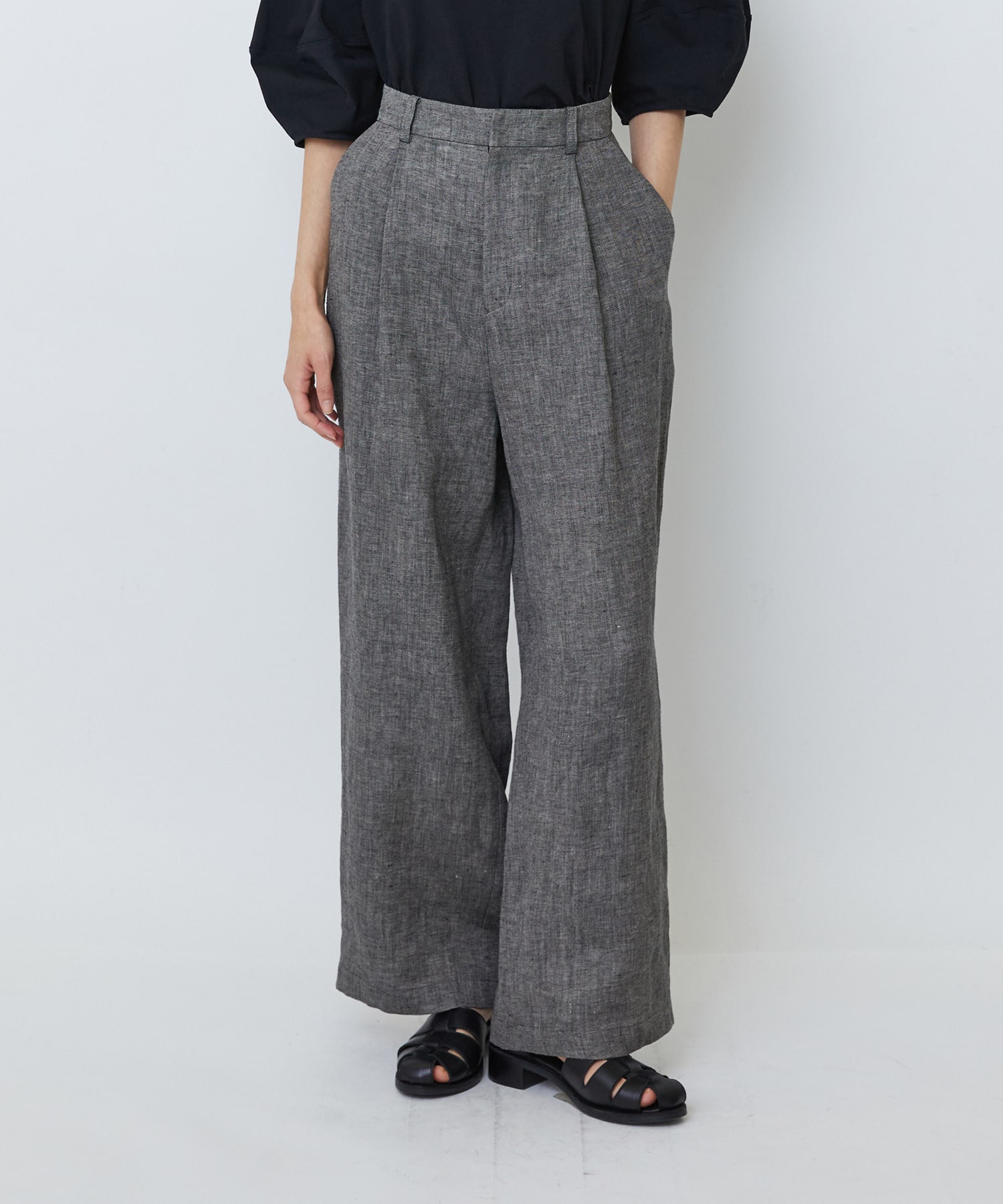 【LOISIR】【MTサイズ有り】リネンツイルワイドパンツ 詳細画像 ブラック系その他 1