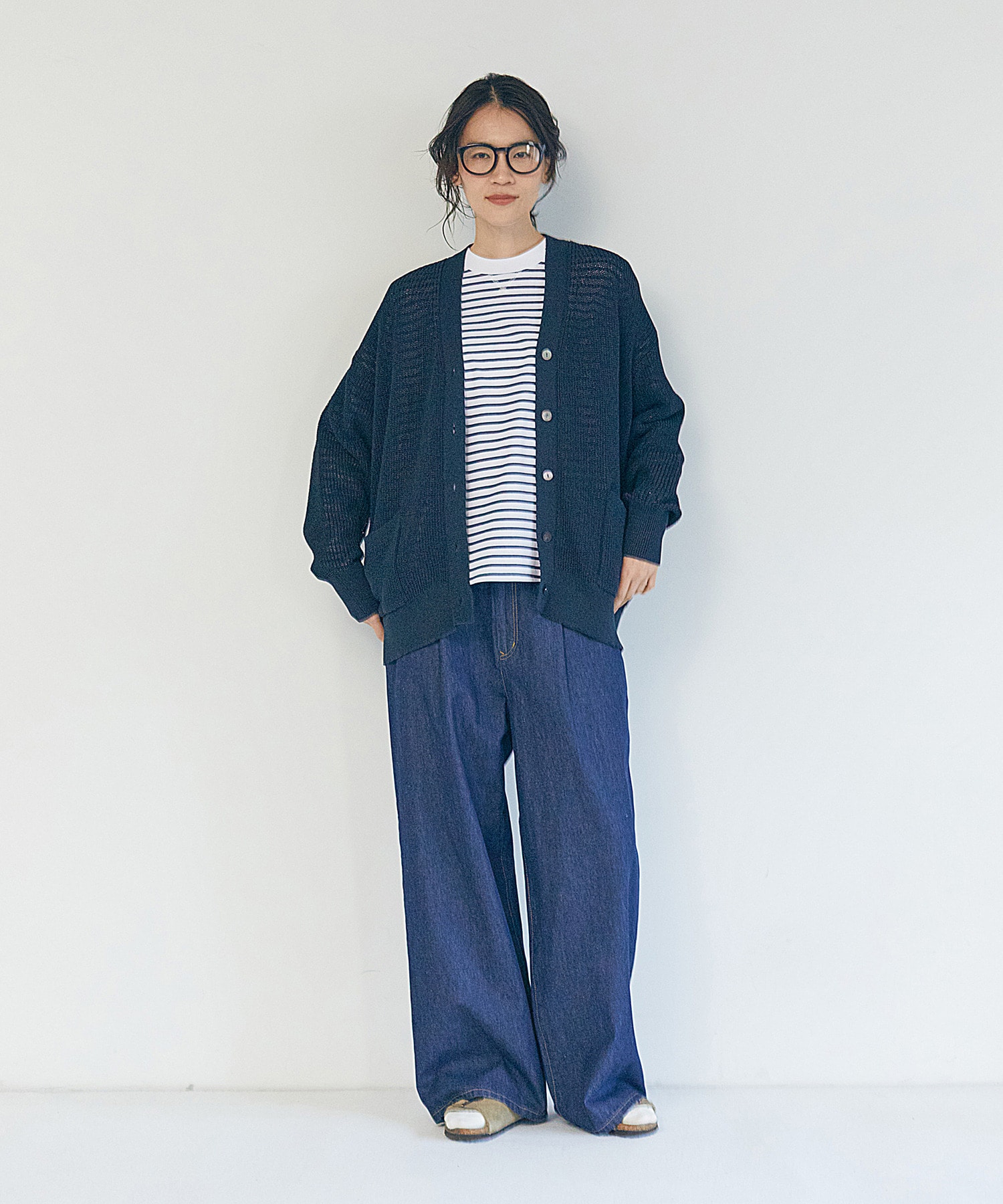 【LOISIR】エステル和紙片畦編みカーディガン 詳細画像 ネイビー 1