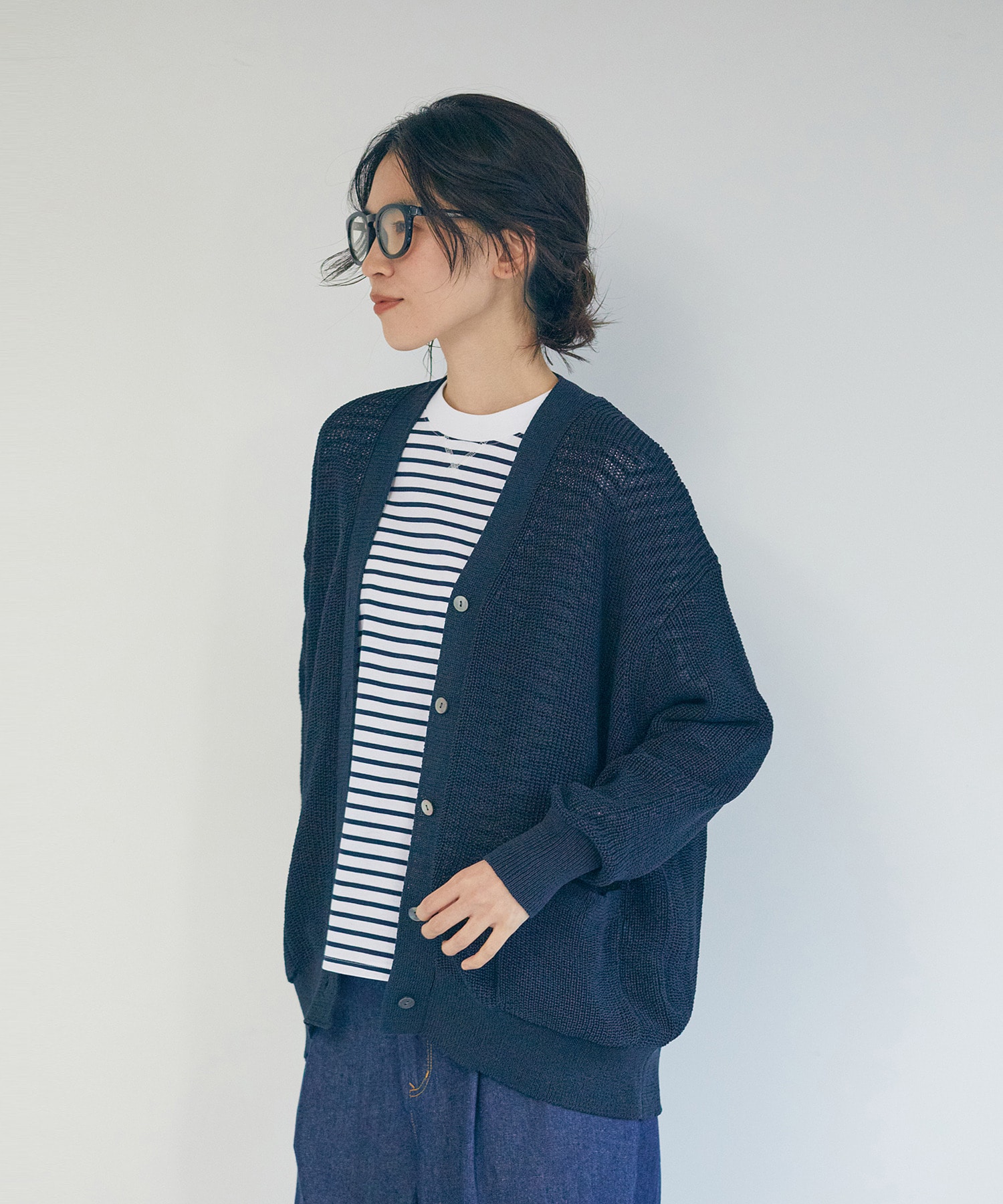 【LOISIR】エステル和紙片畦編みカーディガン 詳細画像 ネイビー 3
