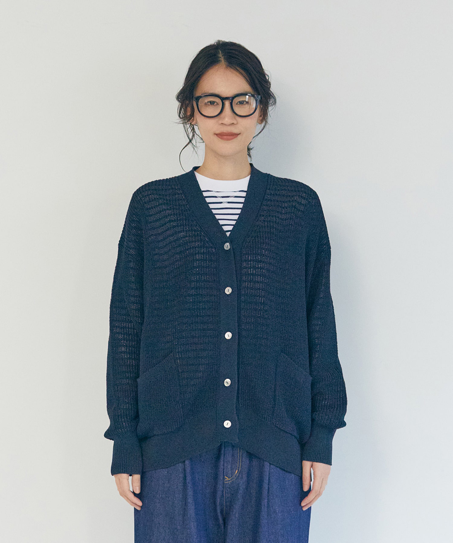【LOISIR】エステル和紙片畦編みカーディガン 詳細画像 ネイビー 8