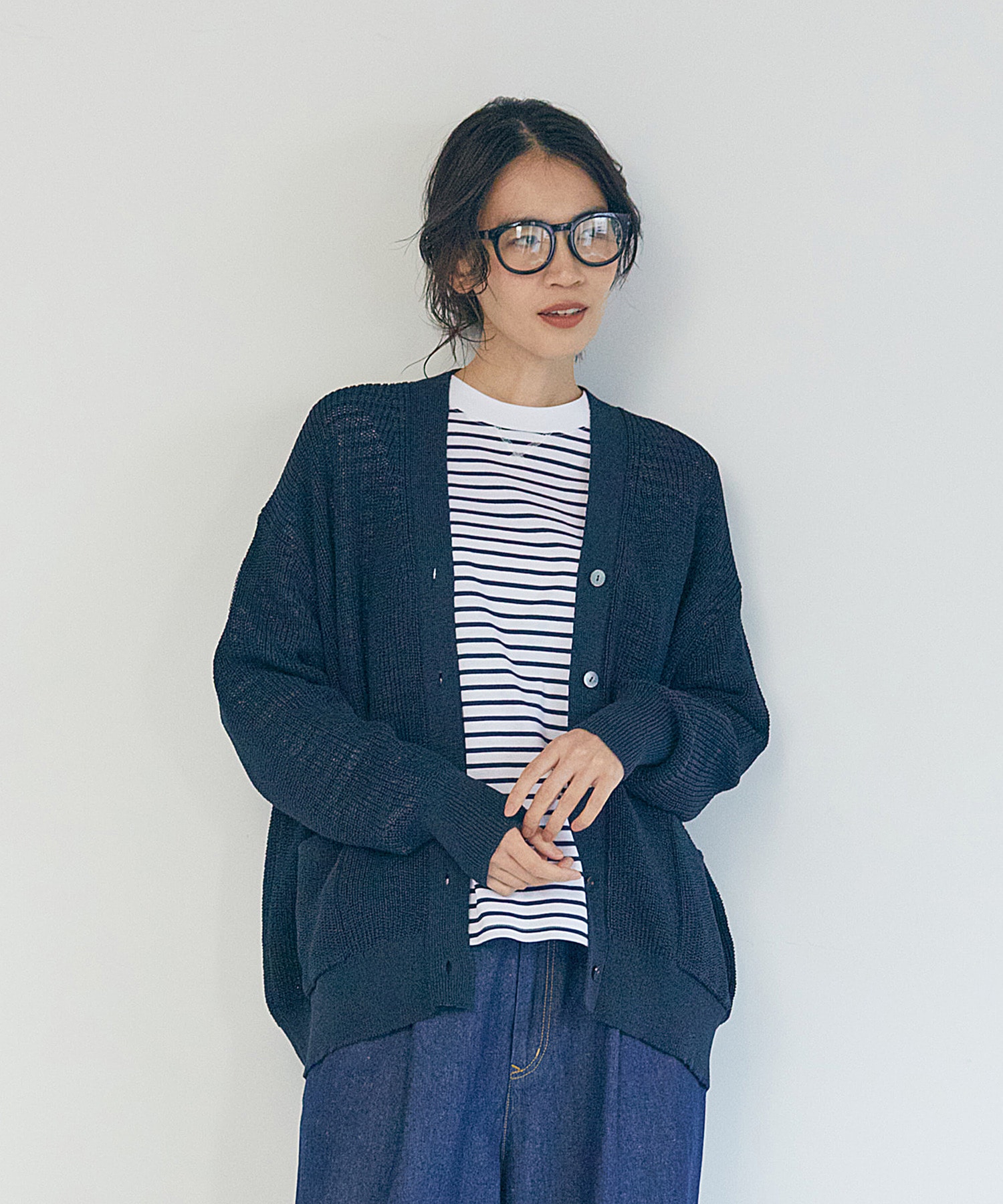 【LOISIR】エステル和紙片畦編みカーディガン 詳細画像 ネイビー 1
