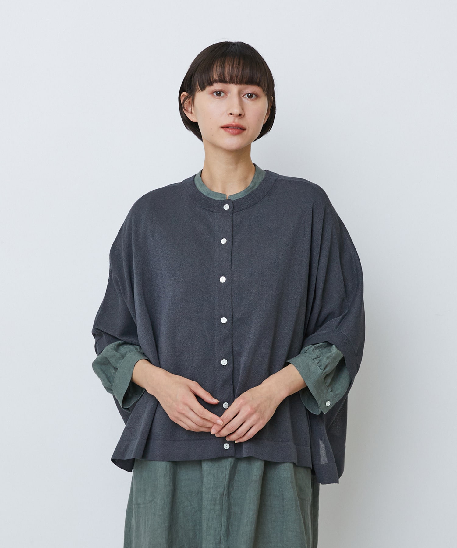 【LOISIR】【2WAY】エステル和紙天竺ケープライクカーディガン 詳細画像 グレー 1