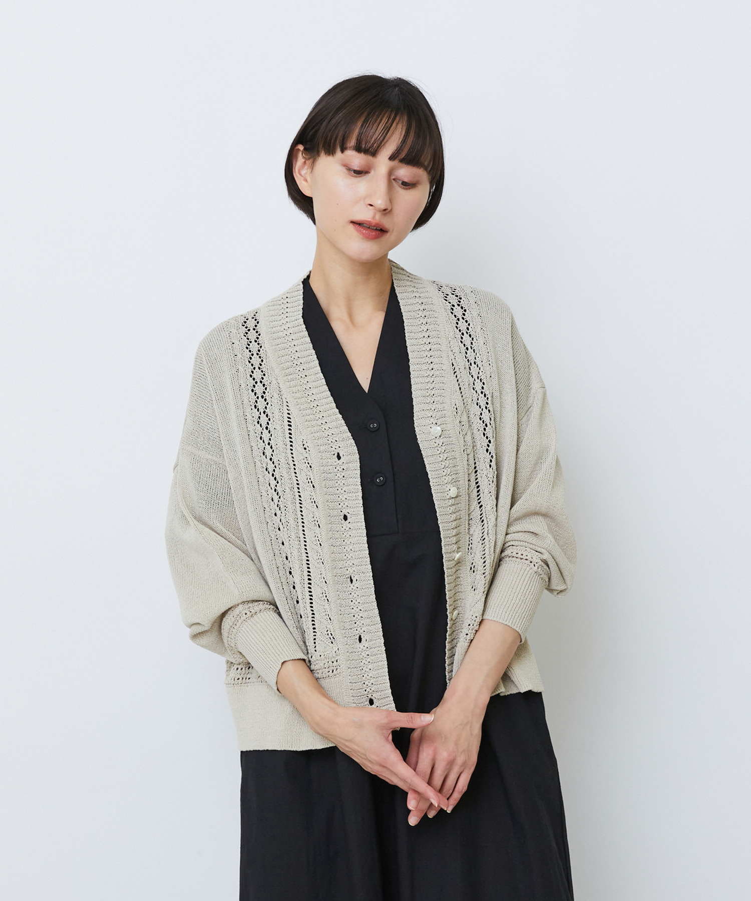 【LOISIR】エステル和紙透かし柄カーディガン 詳細画像 ベージュ 1