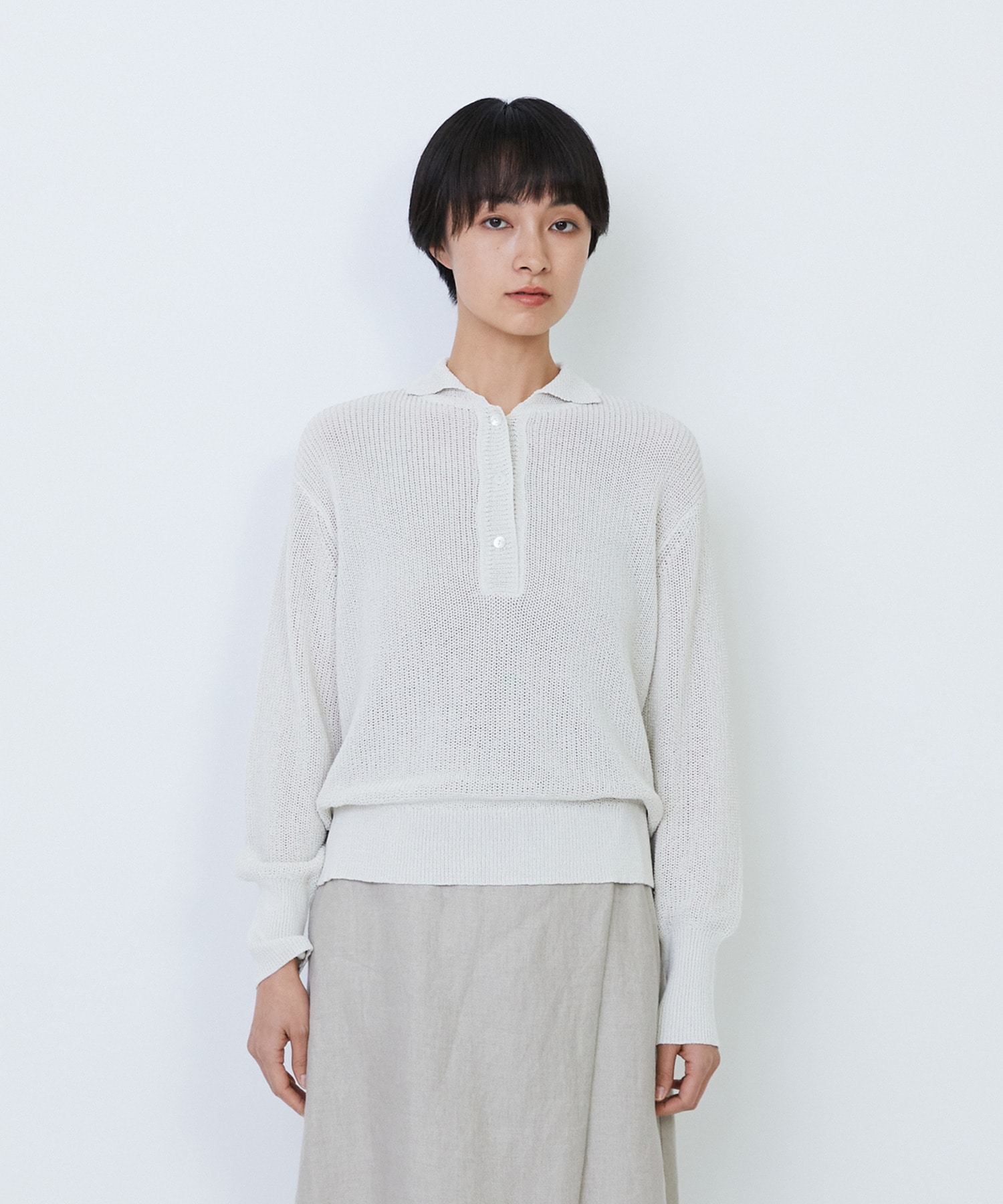 【LOISIR】エステル和紙片畦編みポロニット 詳細画像 オフホワイト 7