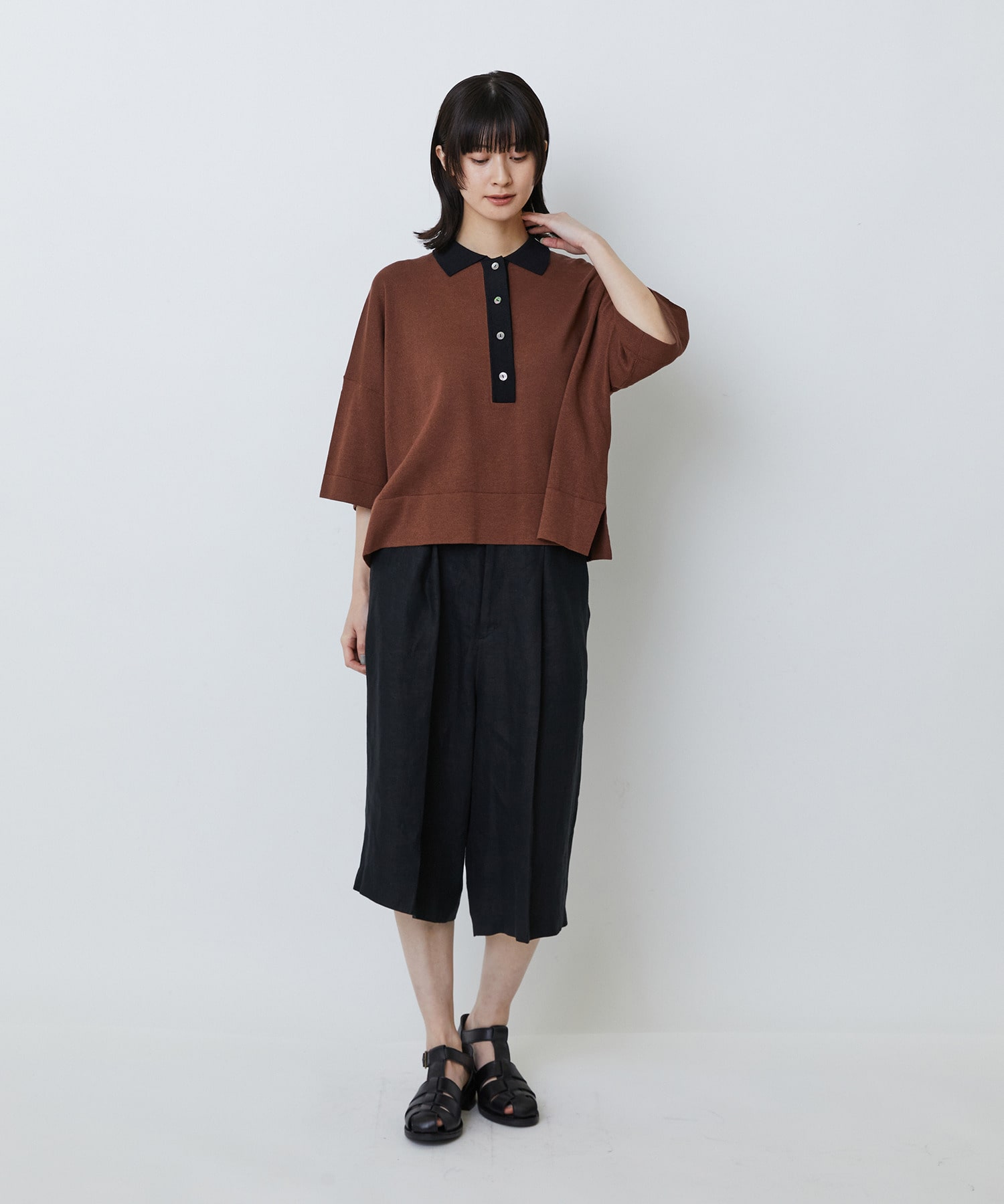 【LOISIR】和紙コットン天竺ポロニット 詳細画像 ブラウン 4