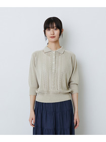 【LOISIR】エステル和紙透かし柄ポロニット 詳細画像 ネイビー 7